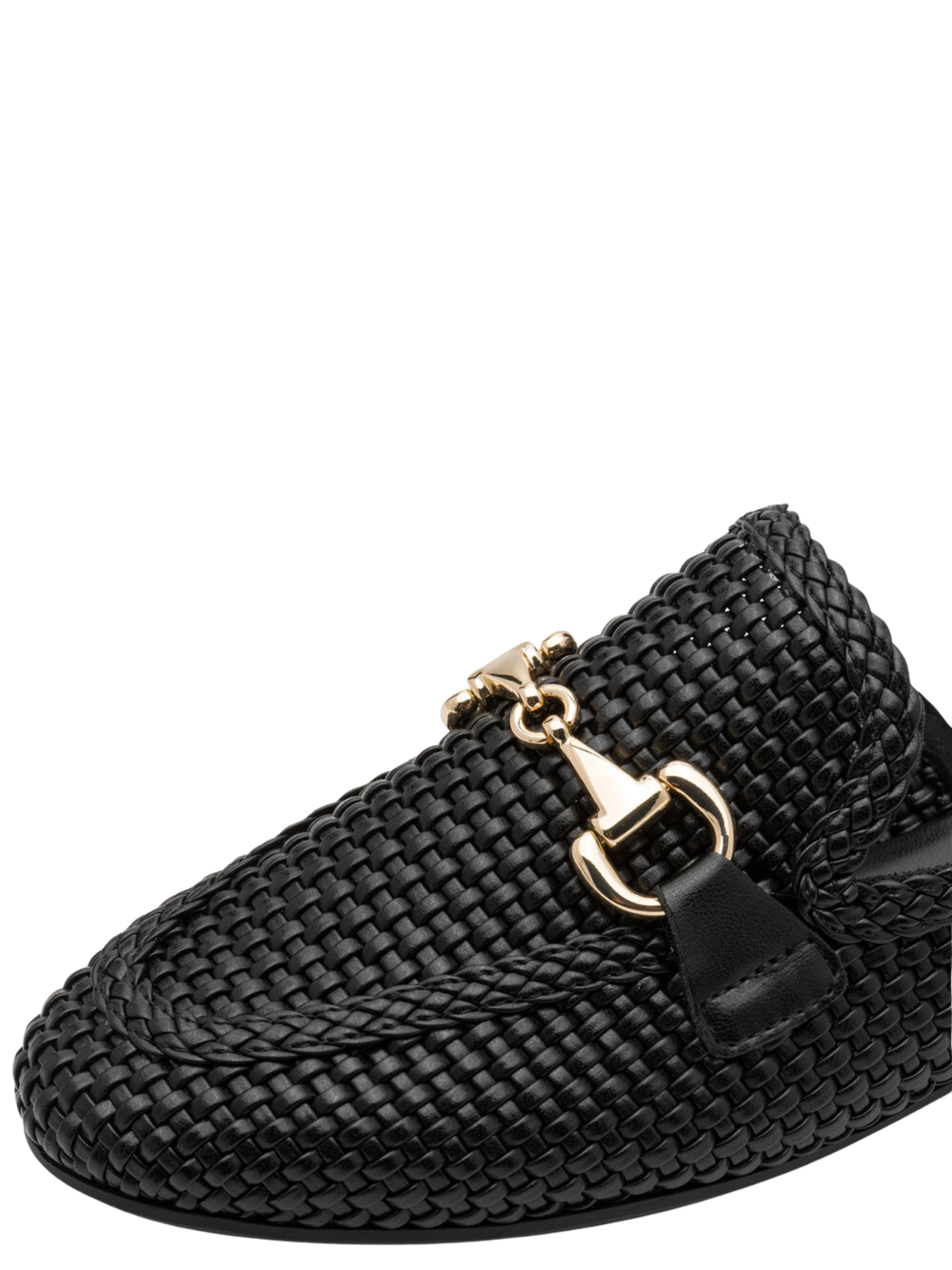 Marco Tozzi 87300 001 Black Flat Mule with woven metallic-effect upper, decorative hardware detail and slip-on flat design.