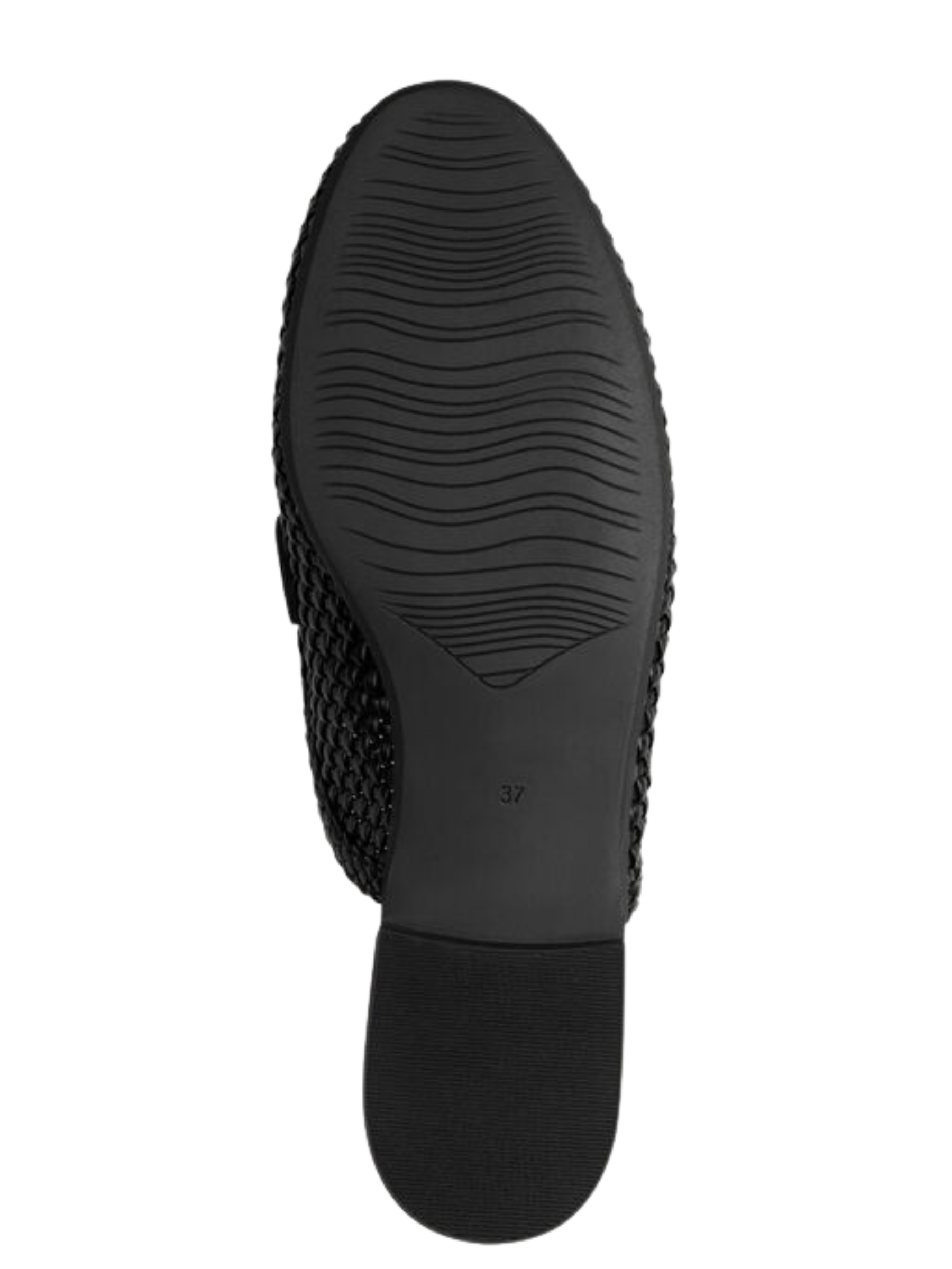 Marco Tozzi 87300 001 Black Flat Mule with woven metallic-effect upper, decorative hardware detail and slip-on flat design.