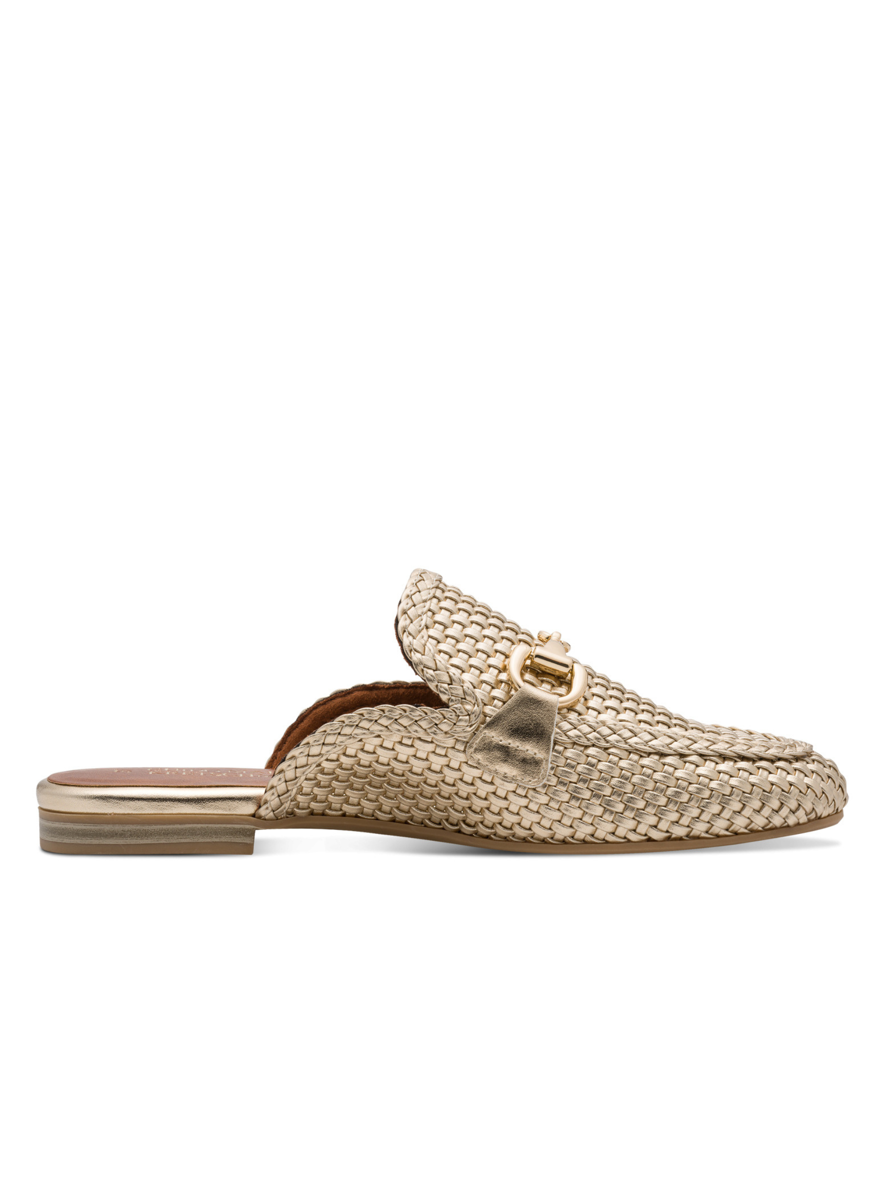 Marco Tozzi 87300 940 Gold Flat Mule with woven metallic-effect upper, decorative hardware detail and slip-on flat design.