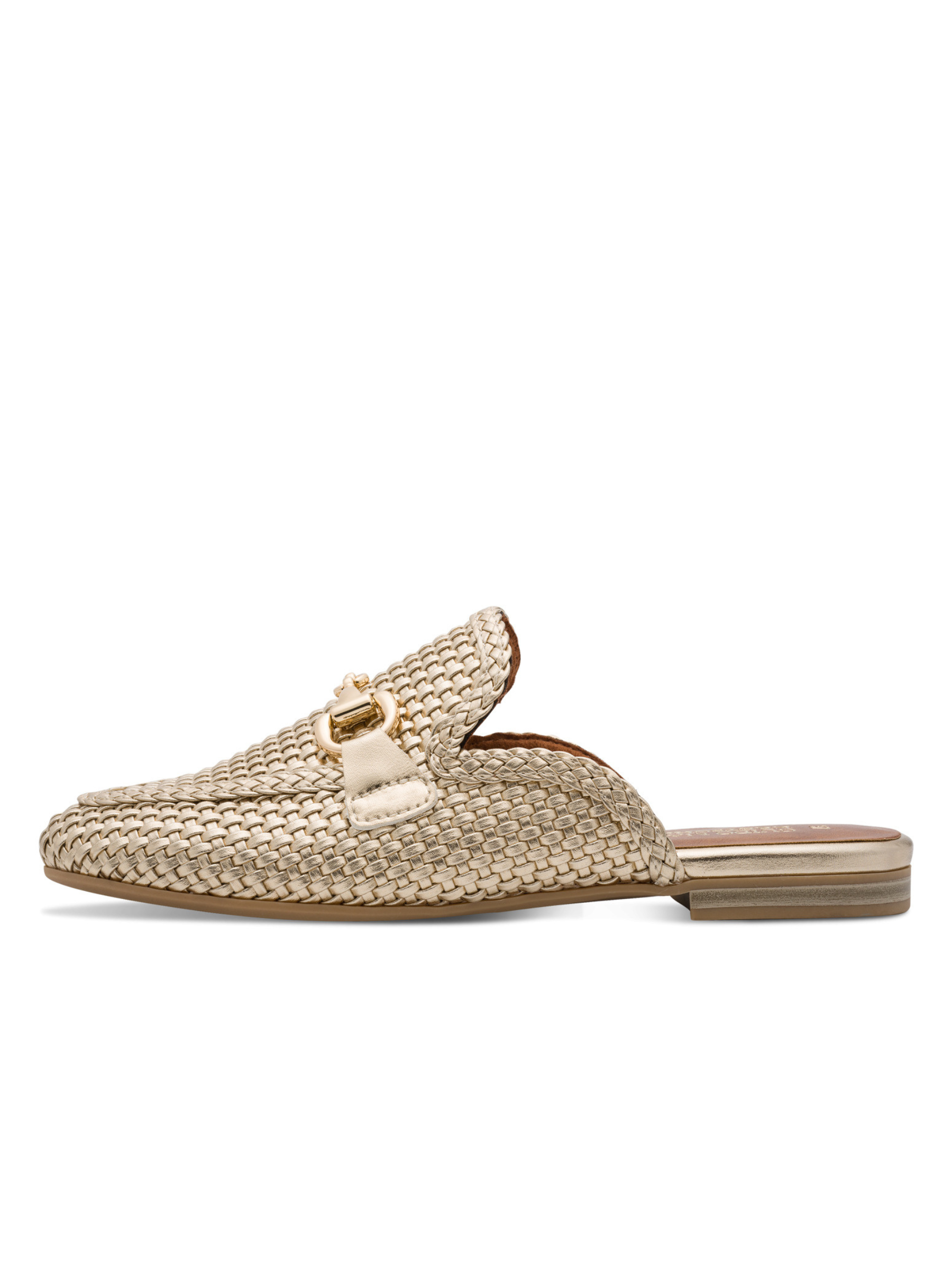 Marco Tozzi 87300 940 Gold Flat Mule with woven metallic-effect upper, decorative hardware detail and slip-on flat design.