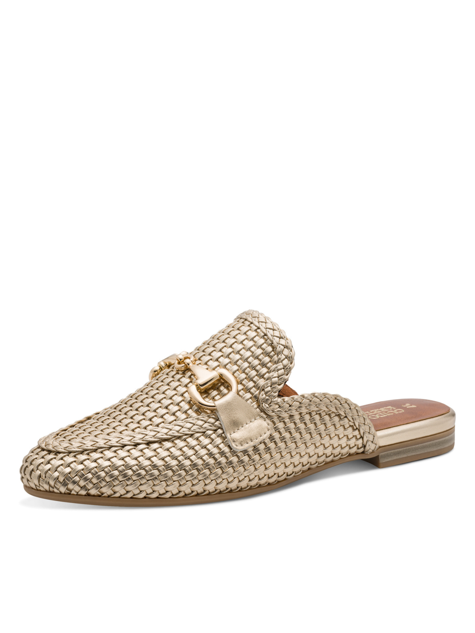 Marco Tozzi 87300 940 Gold Flat Mule with woven metallic-effect upper, decorative hardware detail and slip-on flat design.