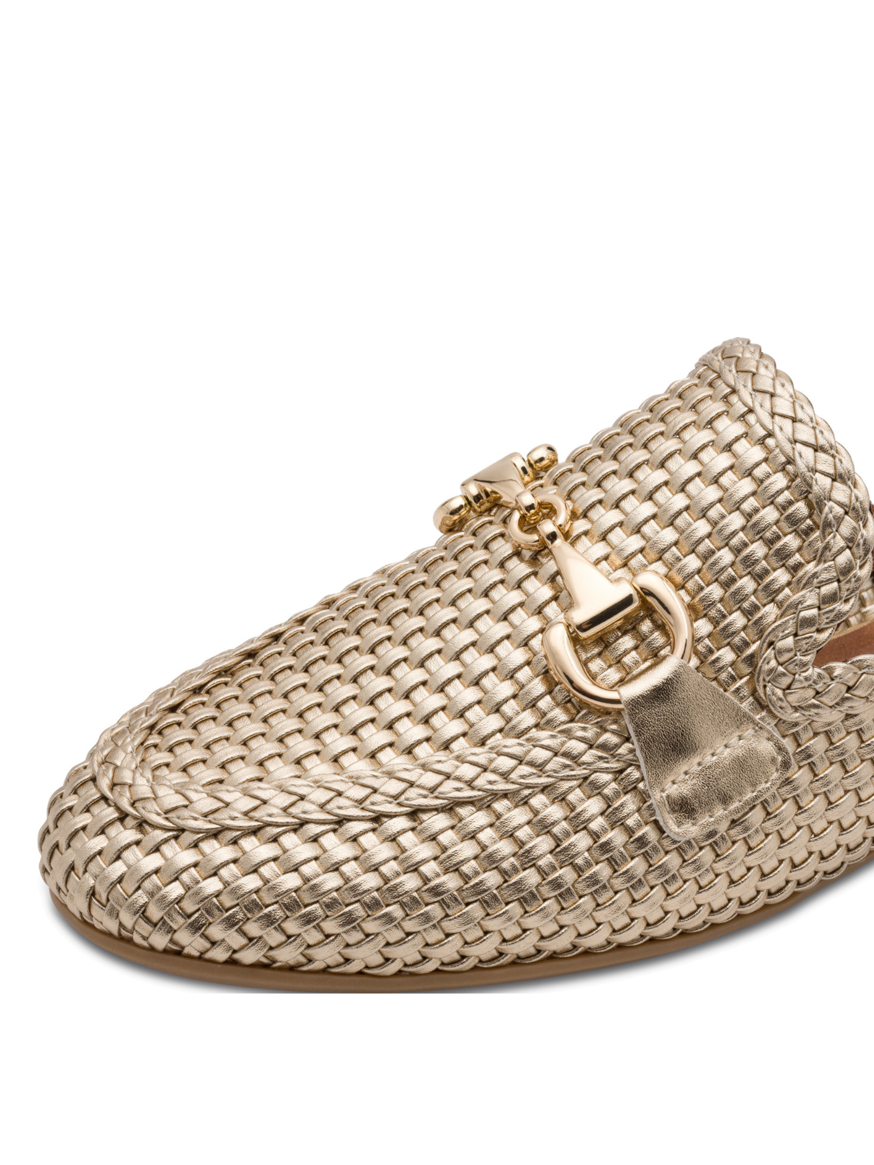 Marco Tozzi 87300 940 Gold Flat Mule with woven metallic-effect upper, decorative hardware detail and slip-on flat design.