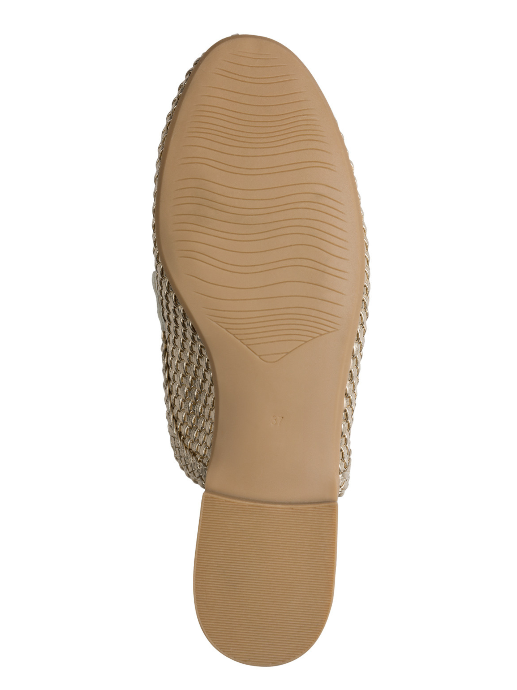 Marco Tozzi 87300 940 Gold Flat Mule with woven metallic-effect upper, decorative hardware detail and slip-on flat design.