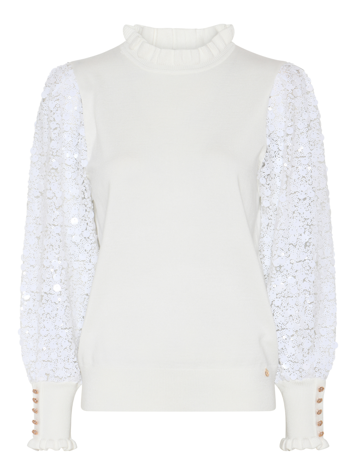 Micha 103 Jumper with sequin long sleeves, high frill neckline, ribbed cuffs and decorative button detailing.