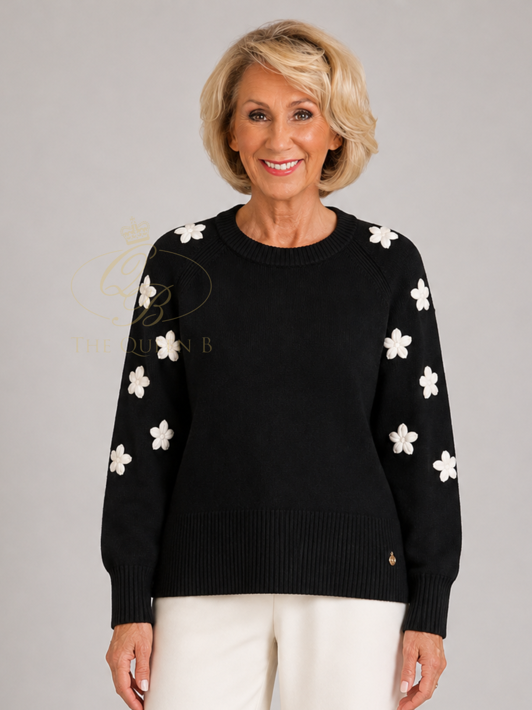 Micha 159 Jumper with round neckline, long sleeves, floral appliqué detail and ribbed hem