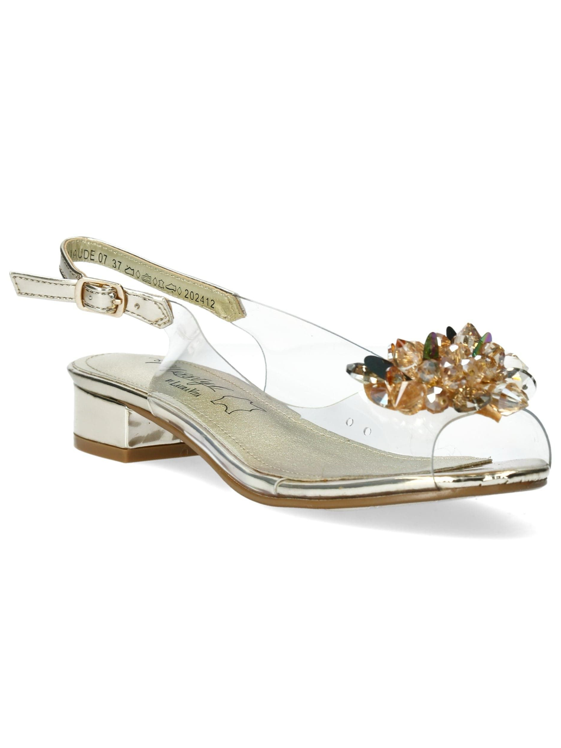 Misstyl - Maude Gold slingback heel with clear upper, crystal embellishment and 3cm block heel.