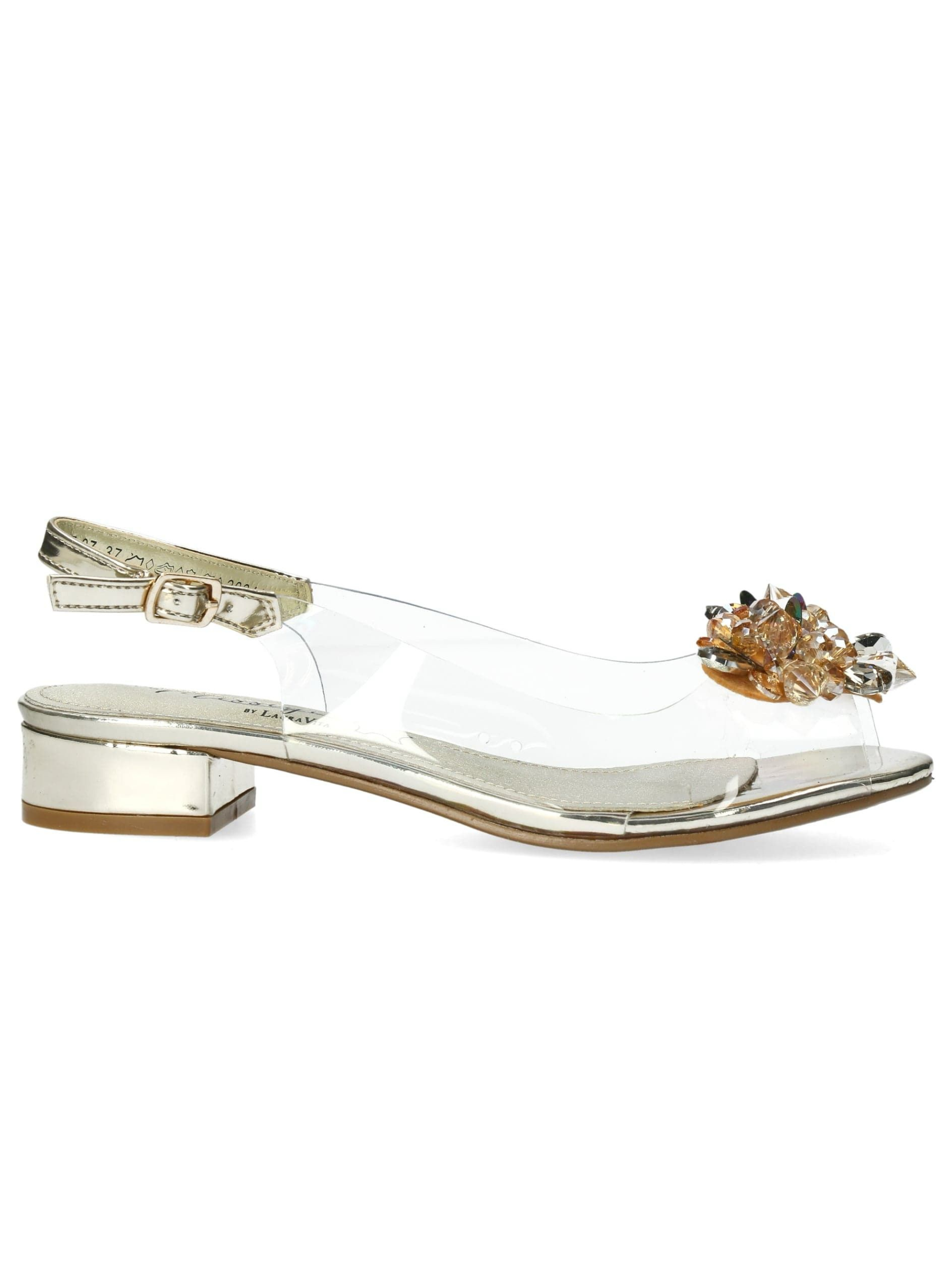 Misstyl - Maude Gold slingback heel with clear upper, crystal embellishment and 3cm block heel.