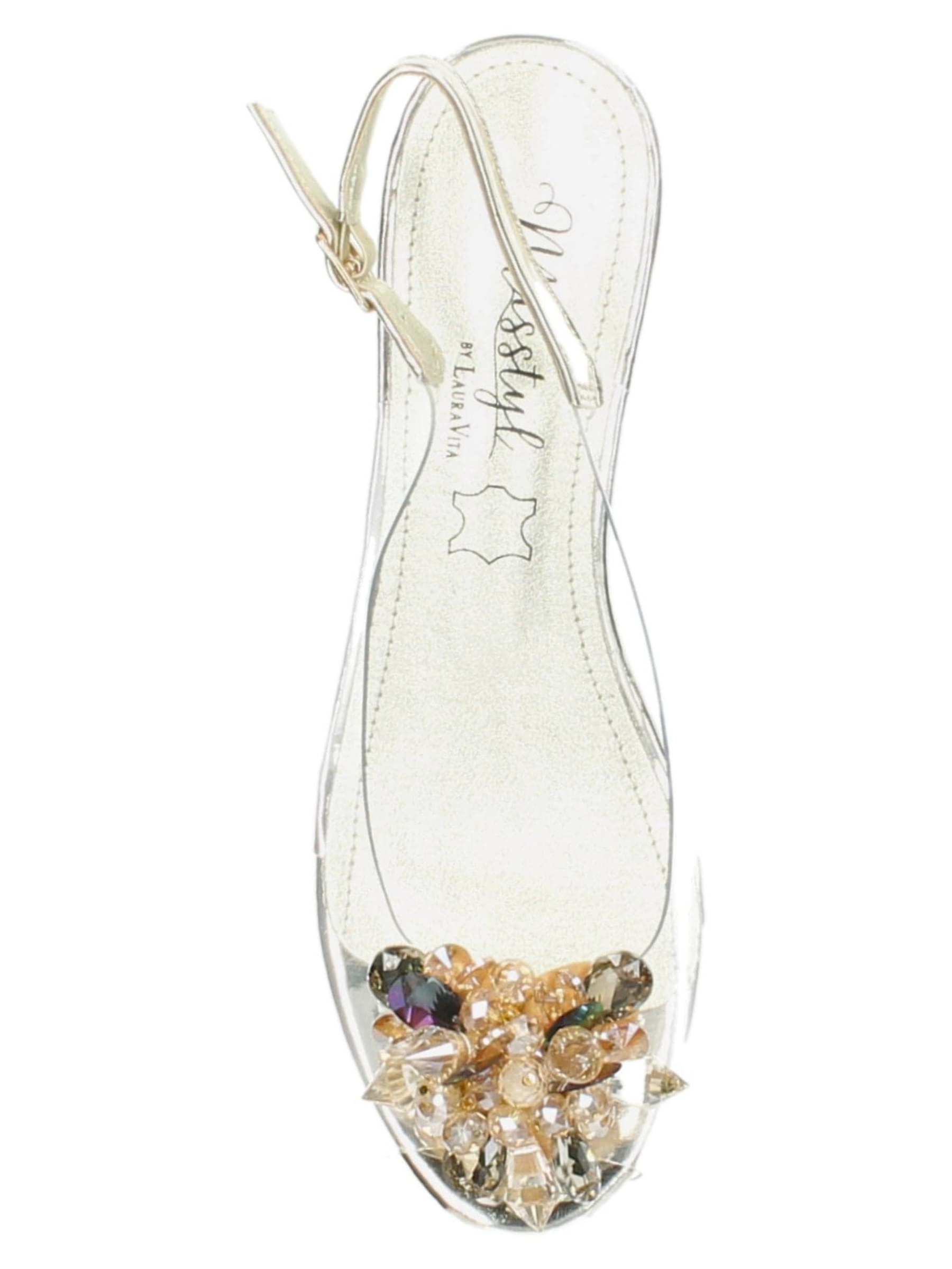Misstyl - Maude Gold slingback heel with clear upper, crystal embellishment and 3cm block heel.