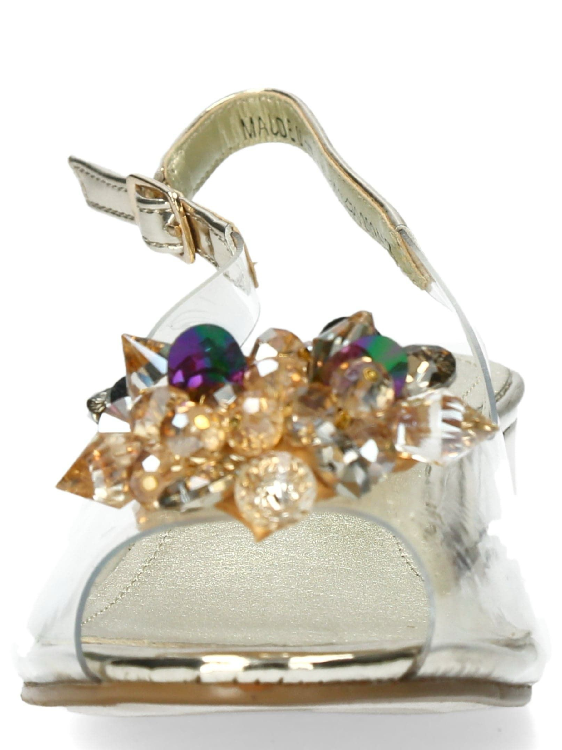 Misstyl - Maude Gold slingback heel with clear upper, crystal embellishment and 3cm block heel.