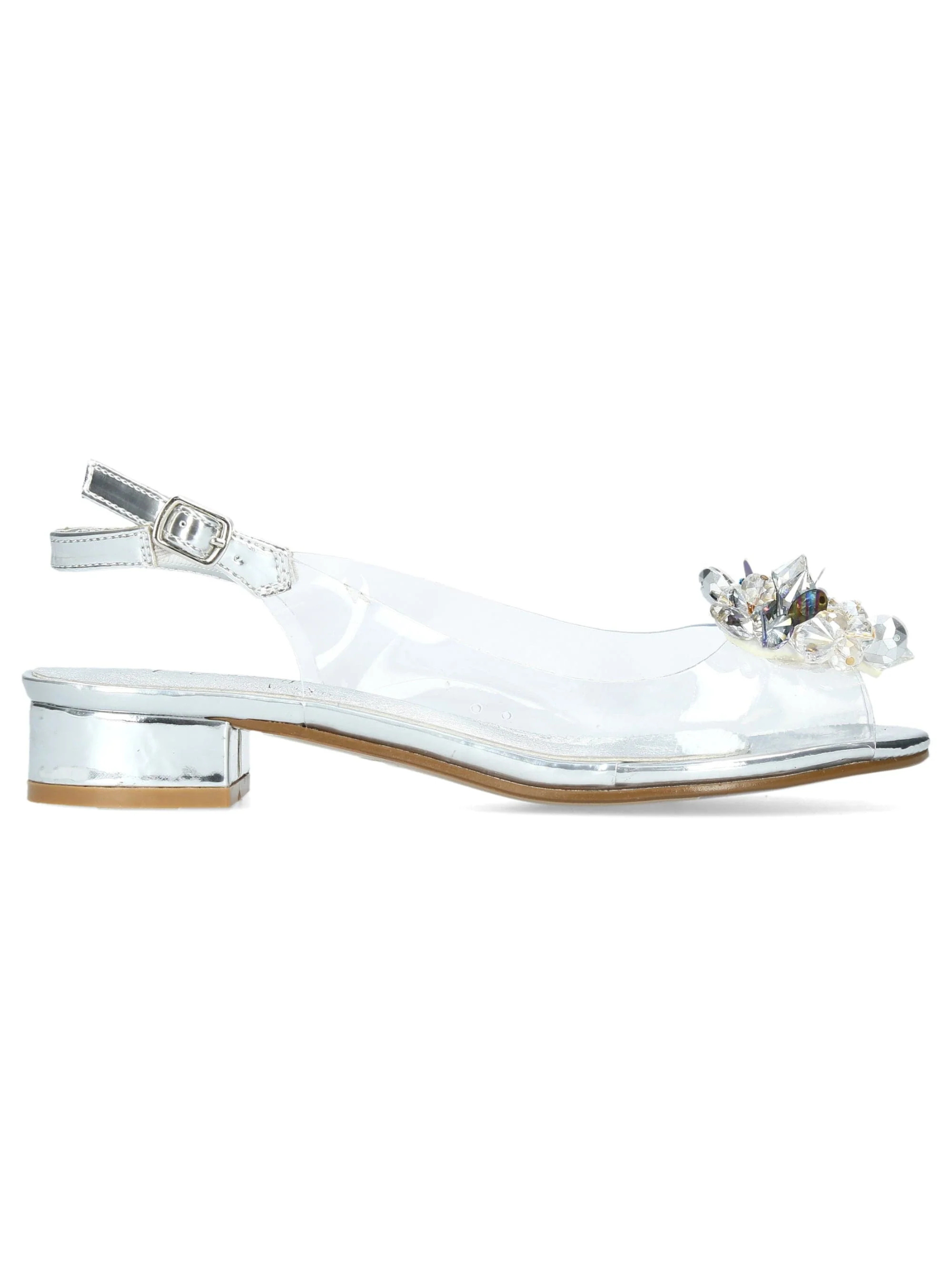 Misstyl - Maude Silver slingback heel with clear upper, crystal embellishment and 3cm block heel.
