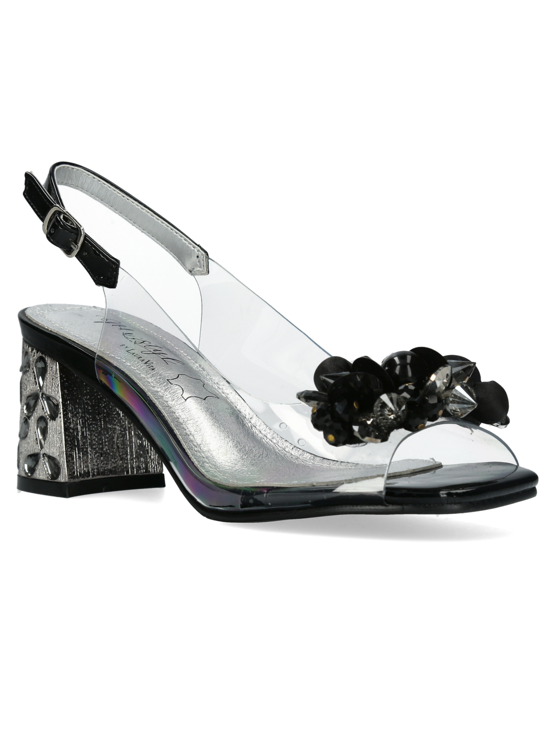 Misstyl Marlene 12 Black Heels with clear upper, embellishment detail and slingback strap.