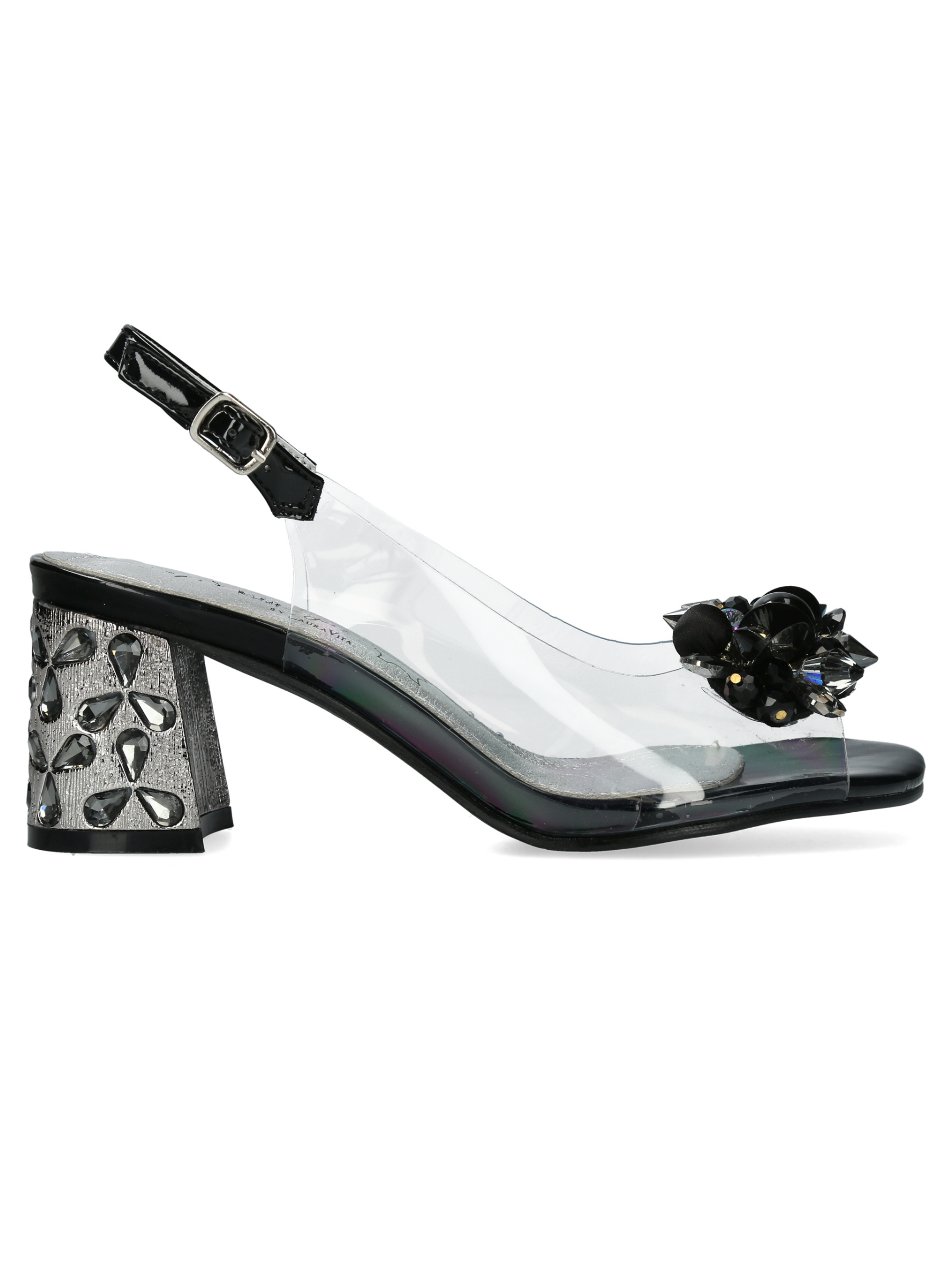 Misstyl Marlene 12 Black Heels with clear upper, embellishment detail and slingback strap.