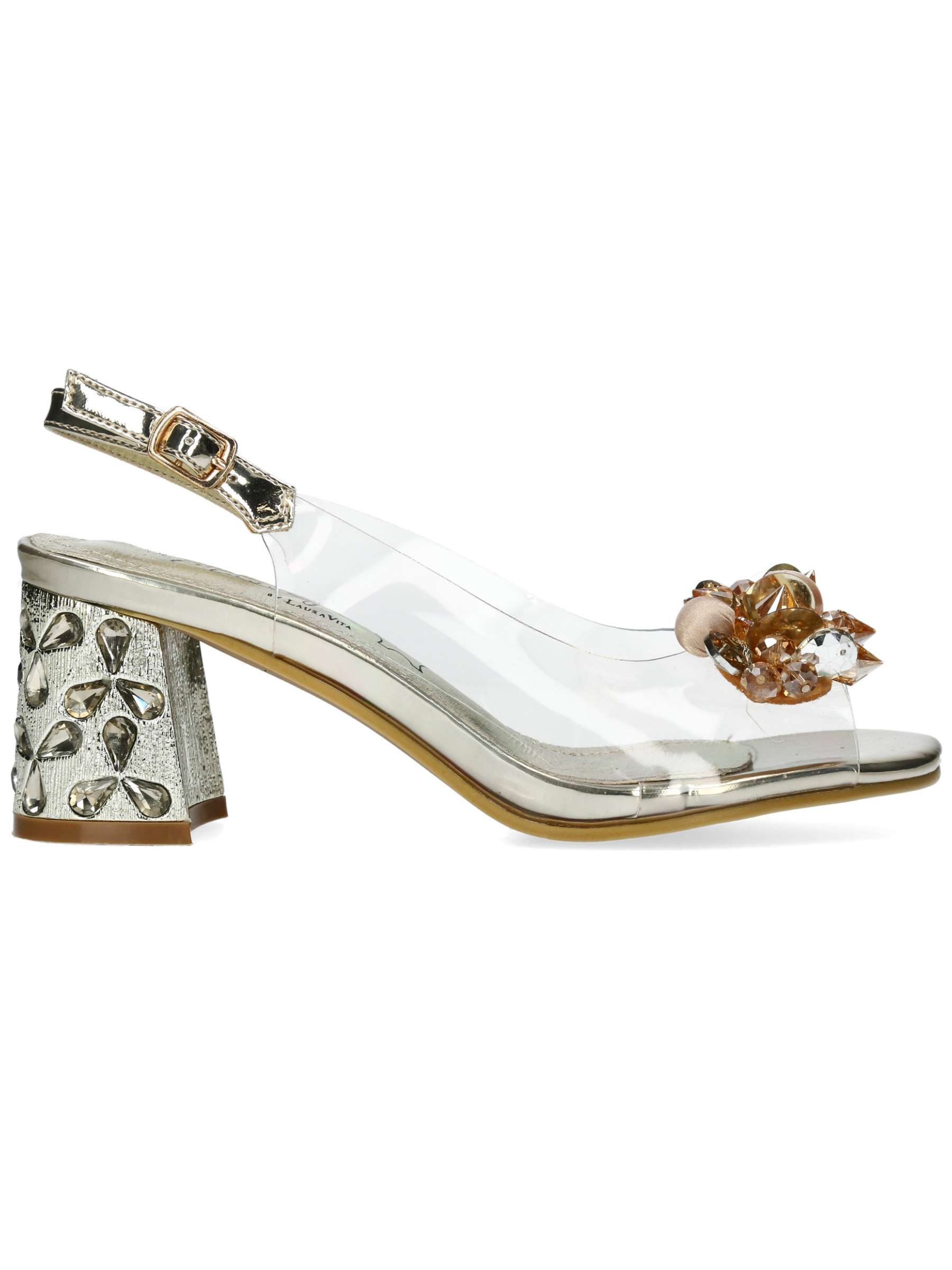 Misstyl Marlene 12 Gold Heels with clear upper, embellishment detail and slingback strap.