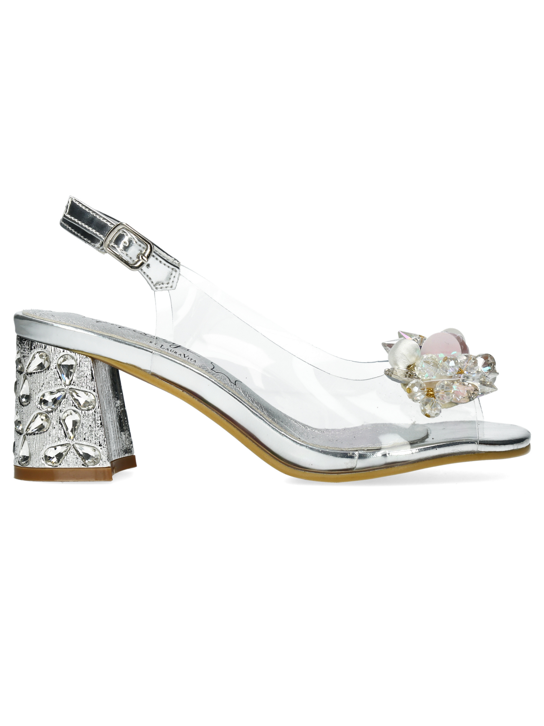 Misstyl Marlene 12 Silver Heels with clear upper, embellishment detail and slingback strap.
