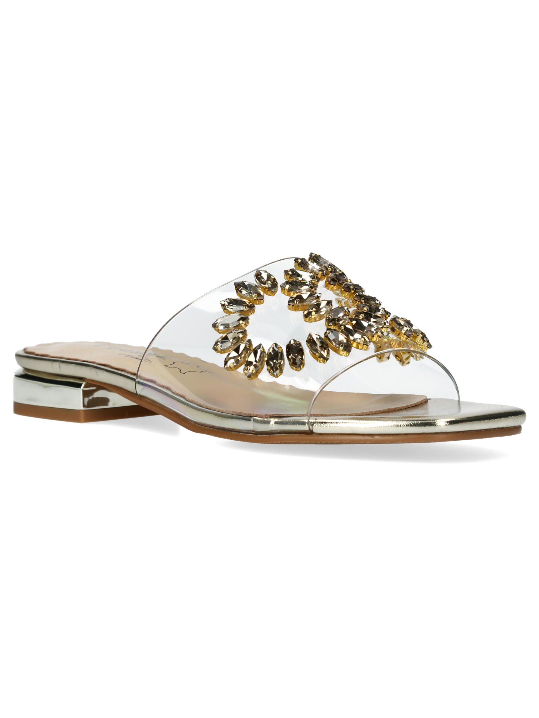 Misstyl Maxine 49 Gold Shoes with clear upper and crystal embellishment.