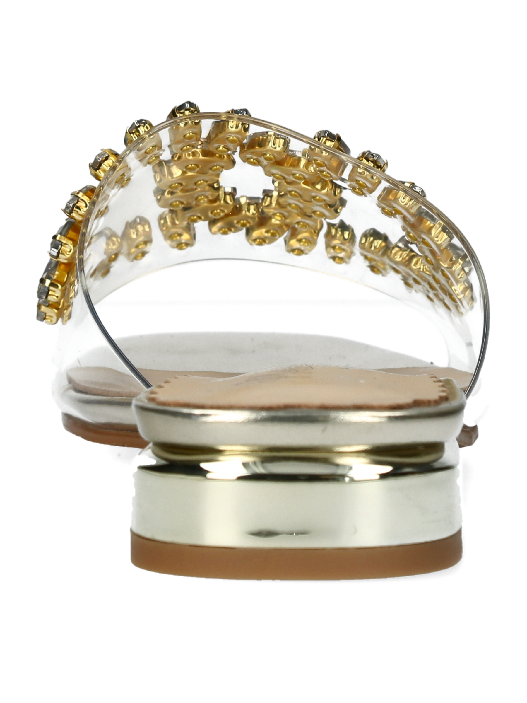 Misstyl Maxine 49 Gold Shoes with clear upper and crystal embellishment.