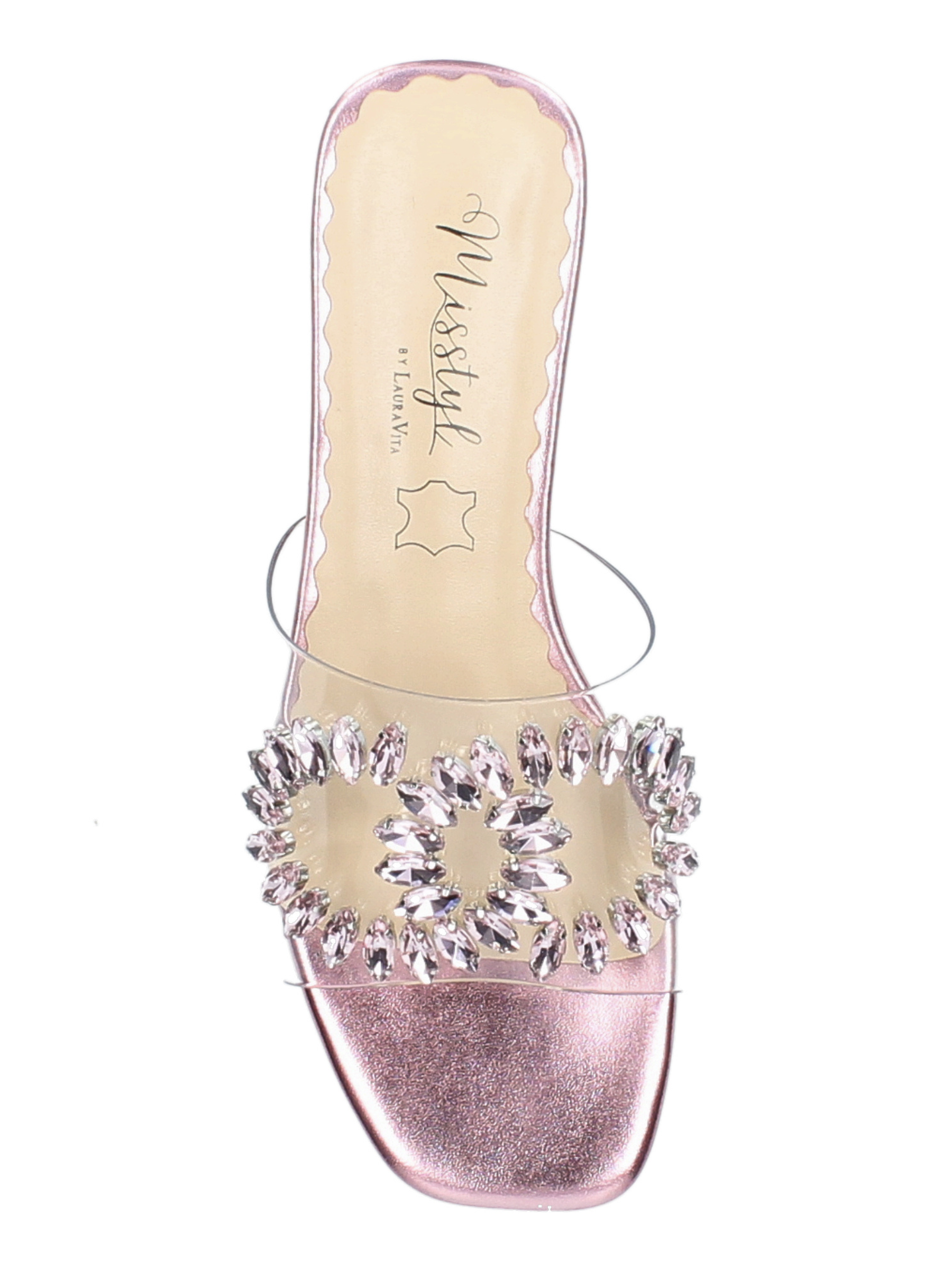 Misstyl Maxine 49 Pink Shoes with clear upper and crystal embellishment.