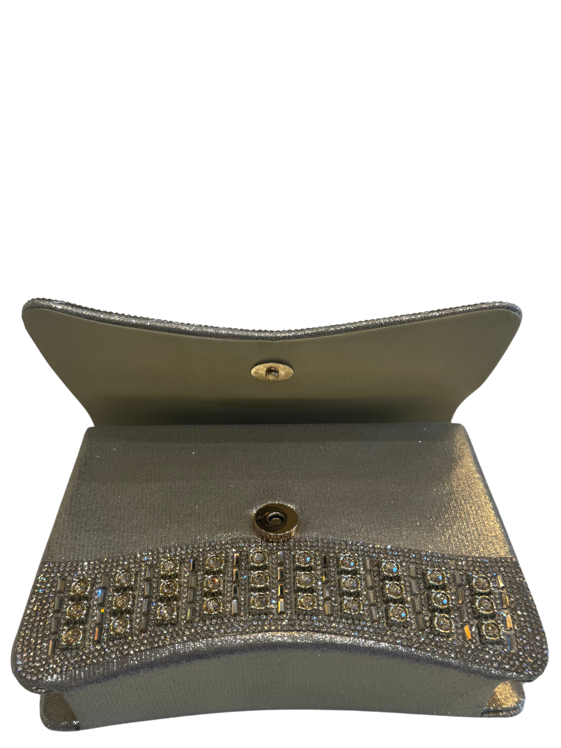 Misstyl Mila 03 Gold Bag with top handle, detachable chain strap, flap front and embellished finish.