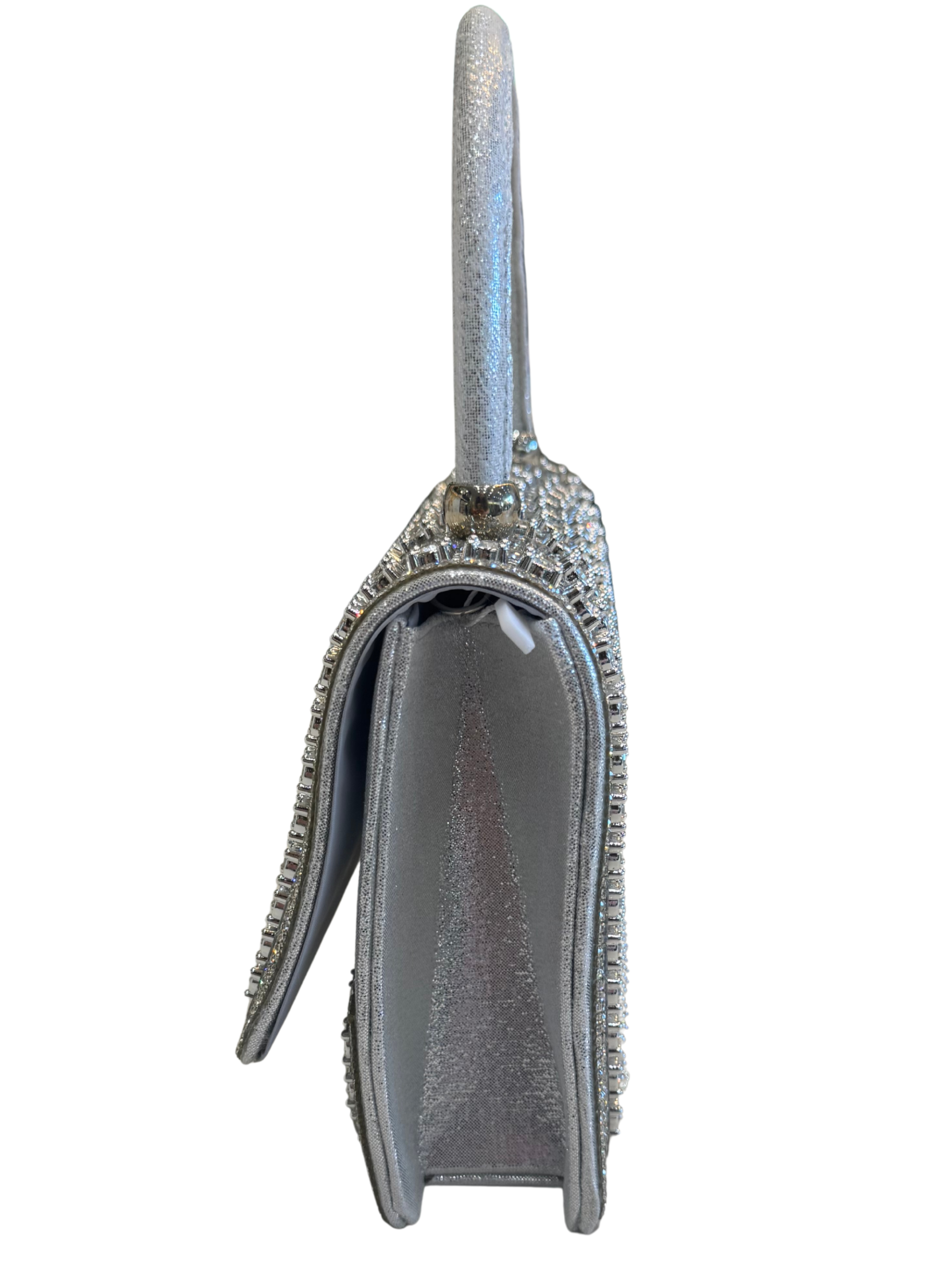 Misstyl Mila 03 Silver Bag with top handle, detachable chain strap, flap front and embellished finish.