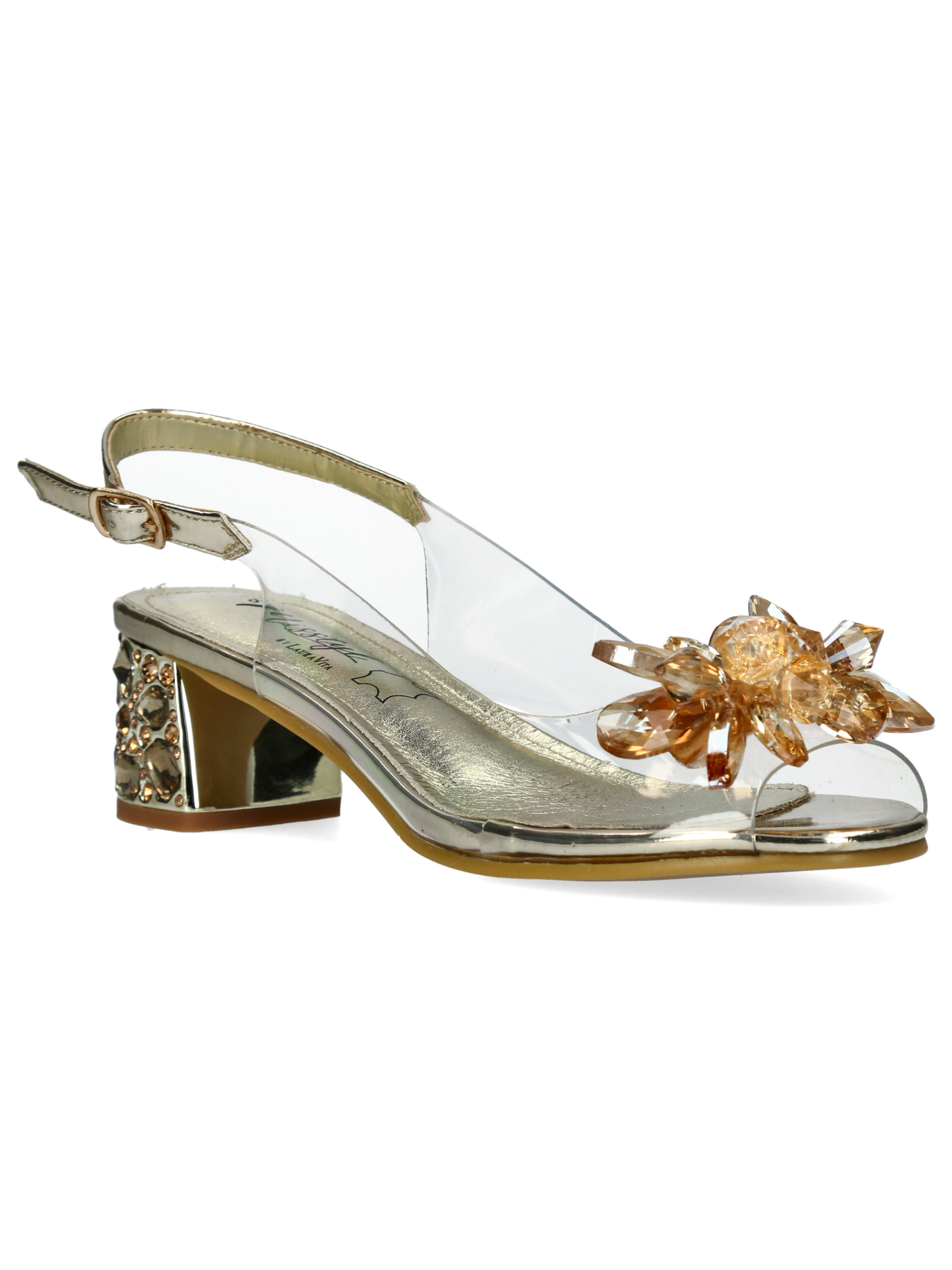 Misstyl Mily 22 Gold Heels with clear upper, crystal flower embellishment and decorative block heel.