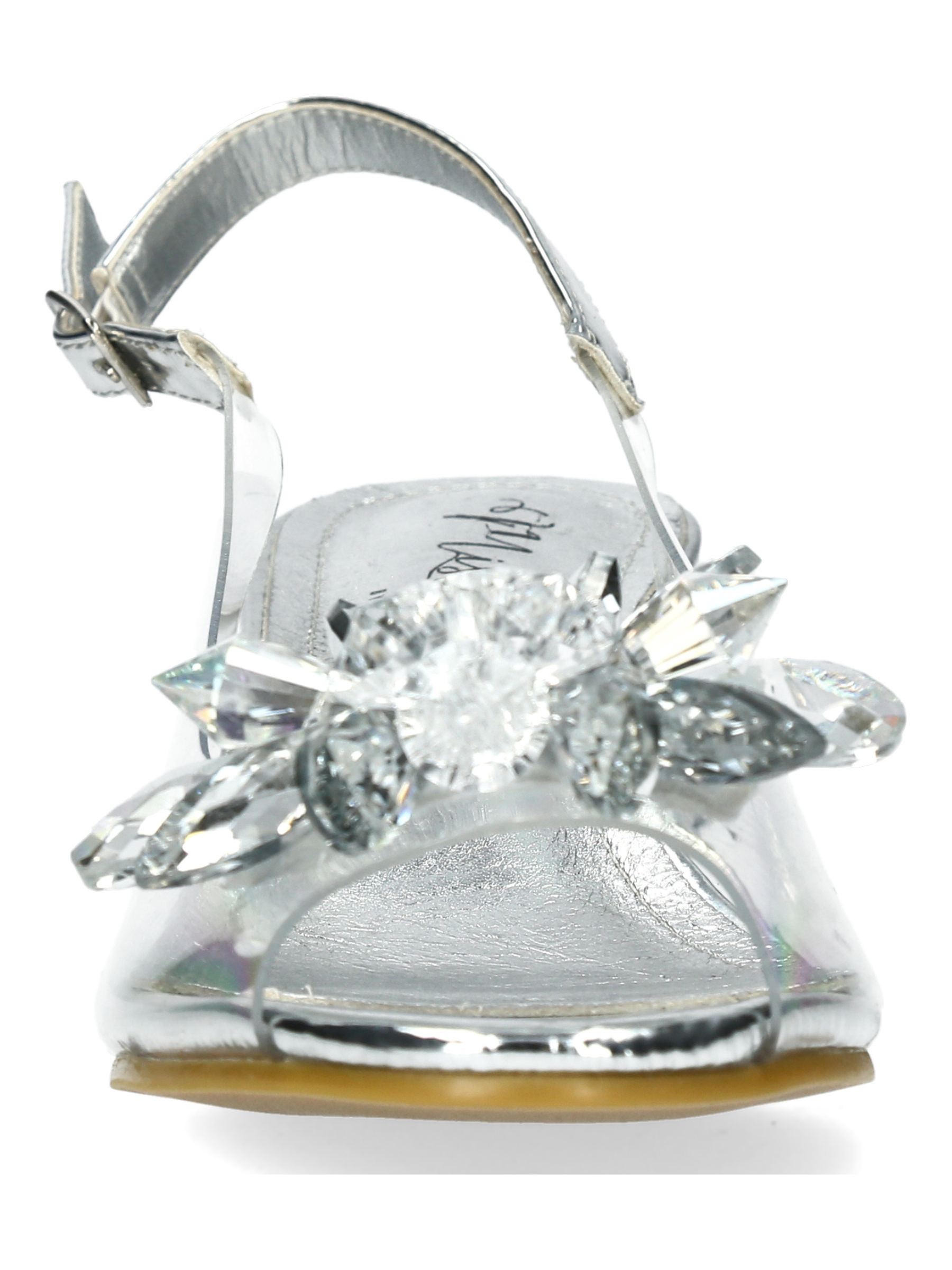 Misstyl Mily 22 Silver Heels with clear upper, crystal flower embellishment and decorative block heel.