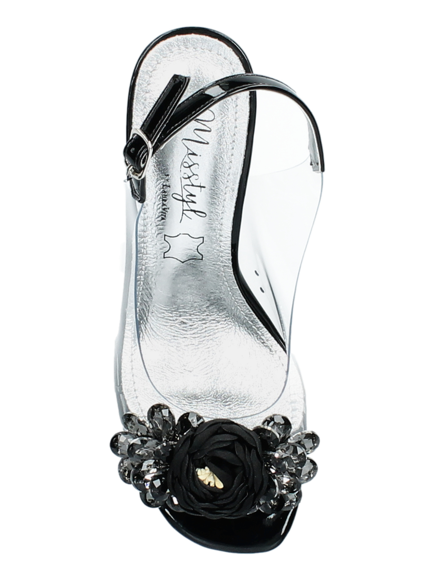 Misstyl Mira 05 Black Heels with clear upper, floral embellishment and slingback strap.