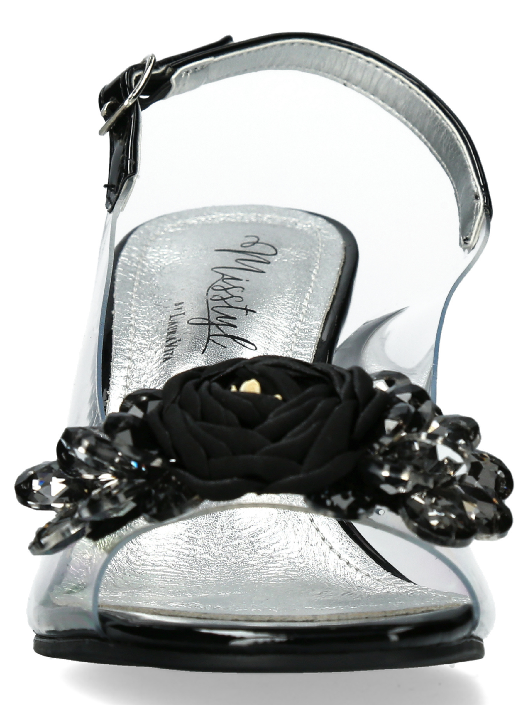 Misstyl Mira 05 Black Heels with clear upper, floral embellishment and slingback strap.