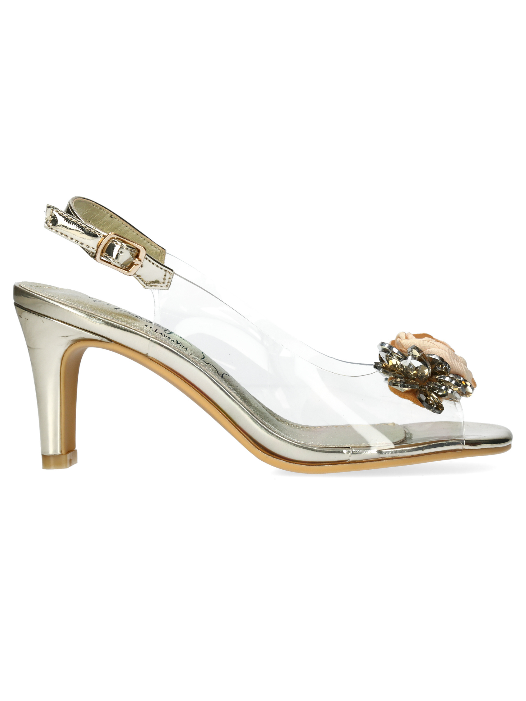 Misstyl Mira 05 Gold Heels with clear upper, floral embellishment and slingback strap.