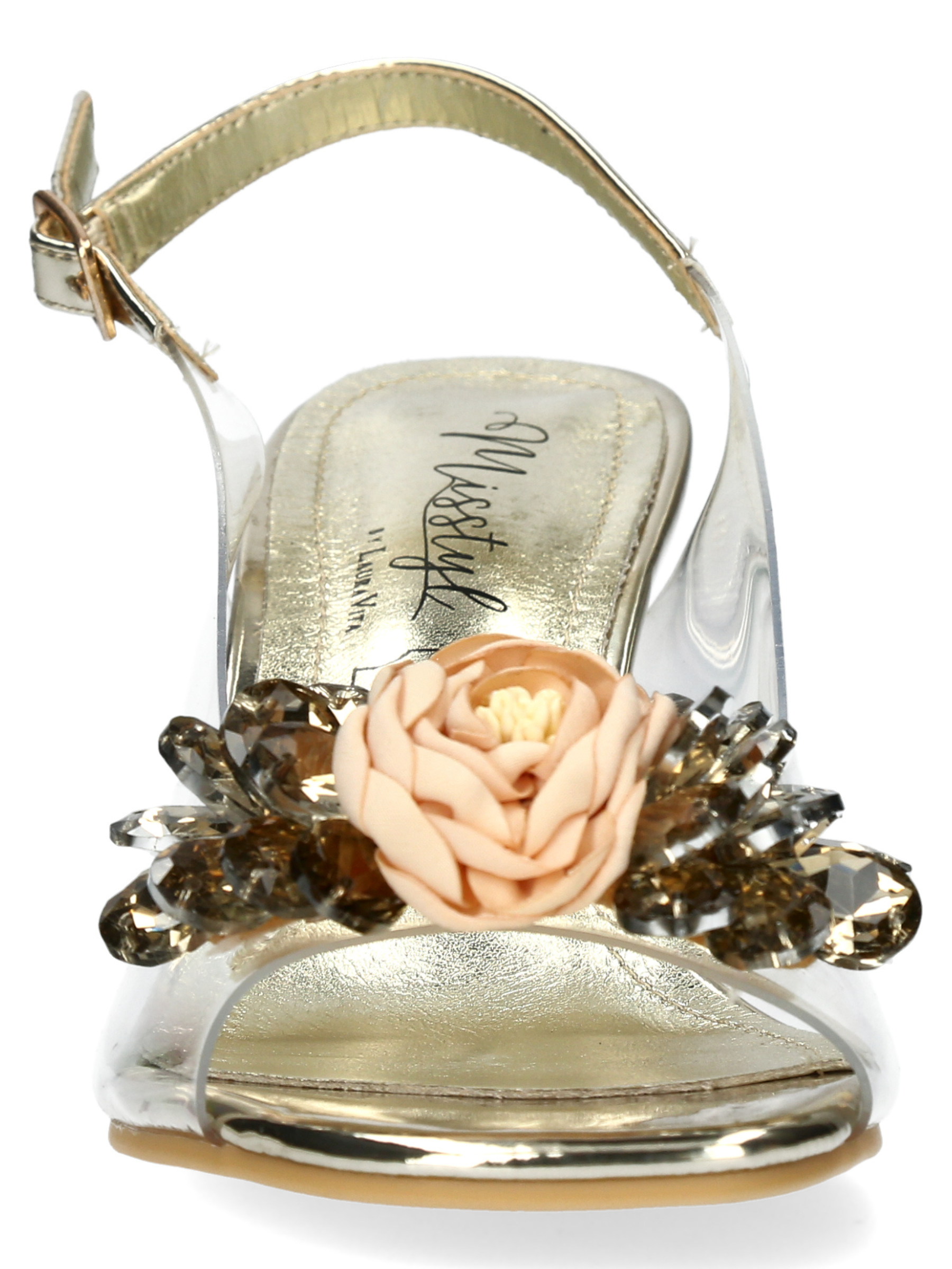 Misstyl Mira 05 Gold Heels with clear upper, floral embellishment and slingback strap.