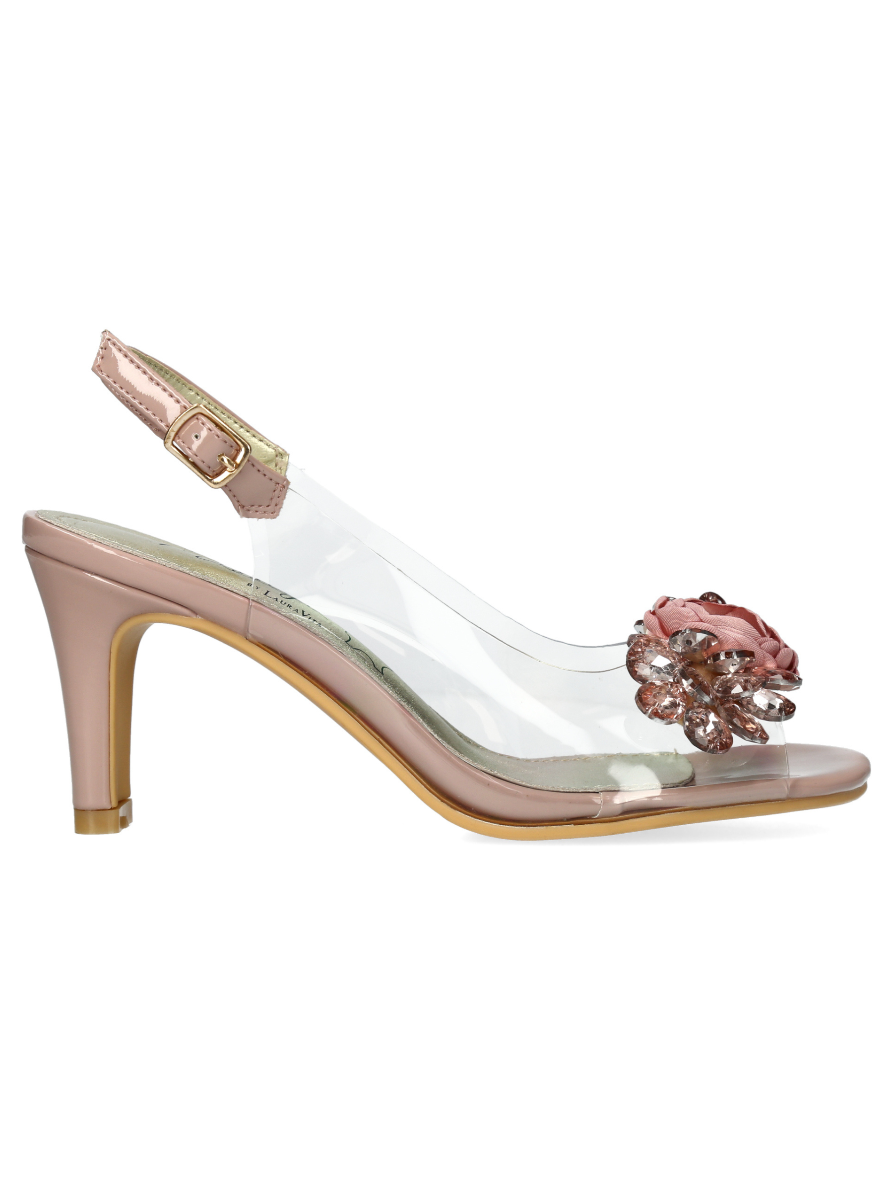 Misstyl Mira 05 Pink Heels with clear upper, floral embellishment and slingback strap.
