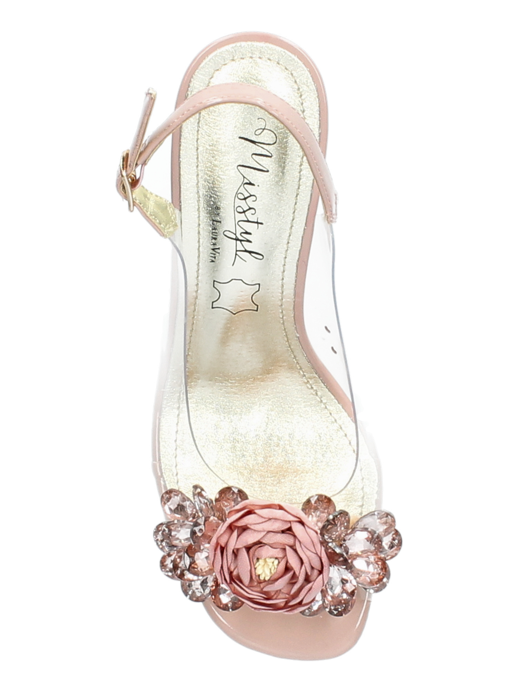 Misstyl Mira 05 Pink Heels with clear upper, floral embellishment and slingback strap.