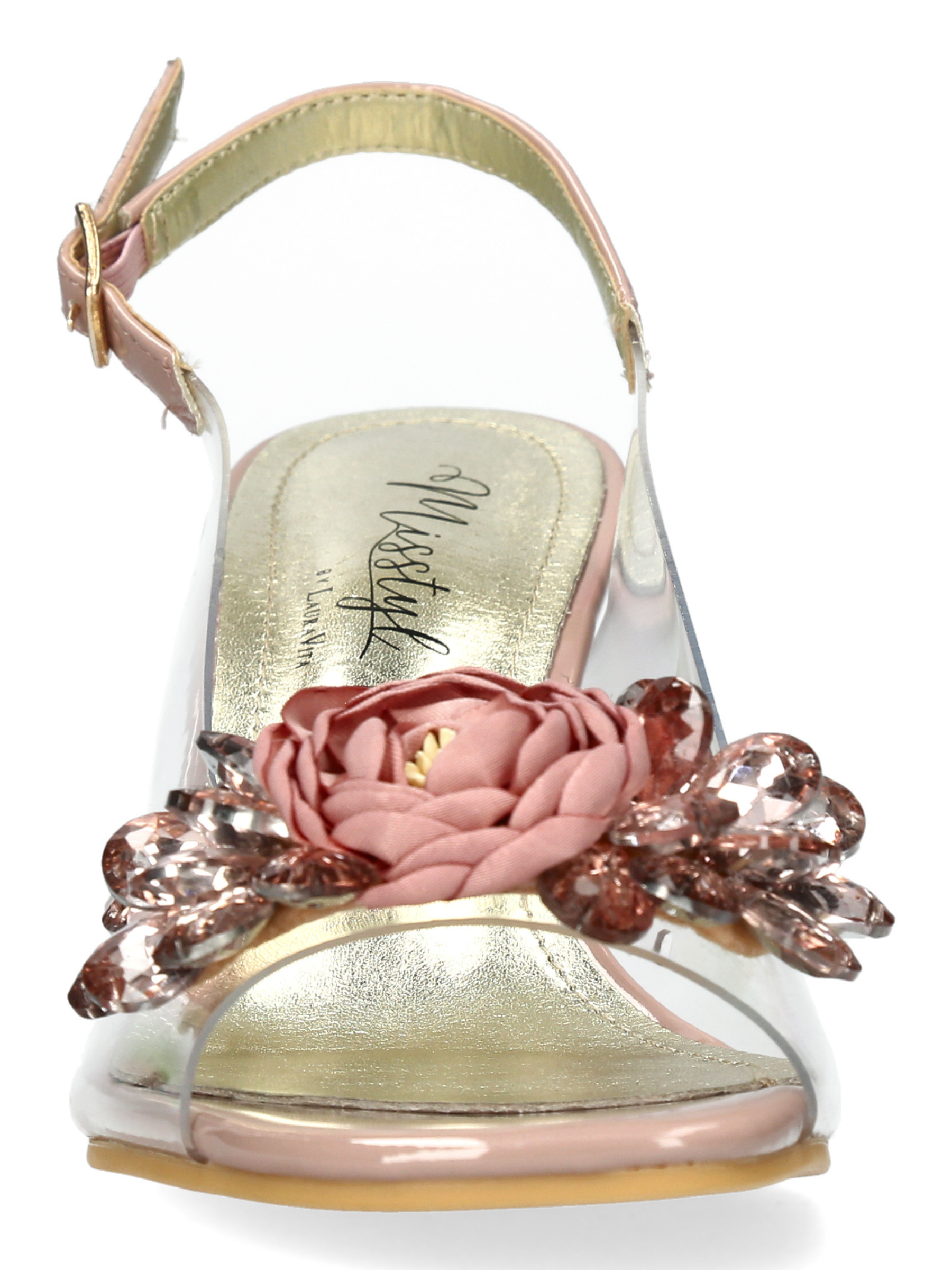 Misstyl Mira 05 Pink Heels with clear upper, floral embellishment and slingback strap.