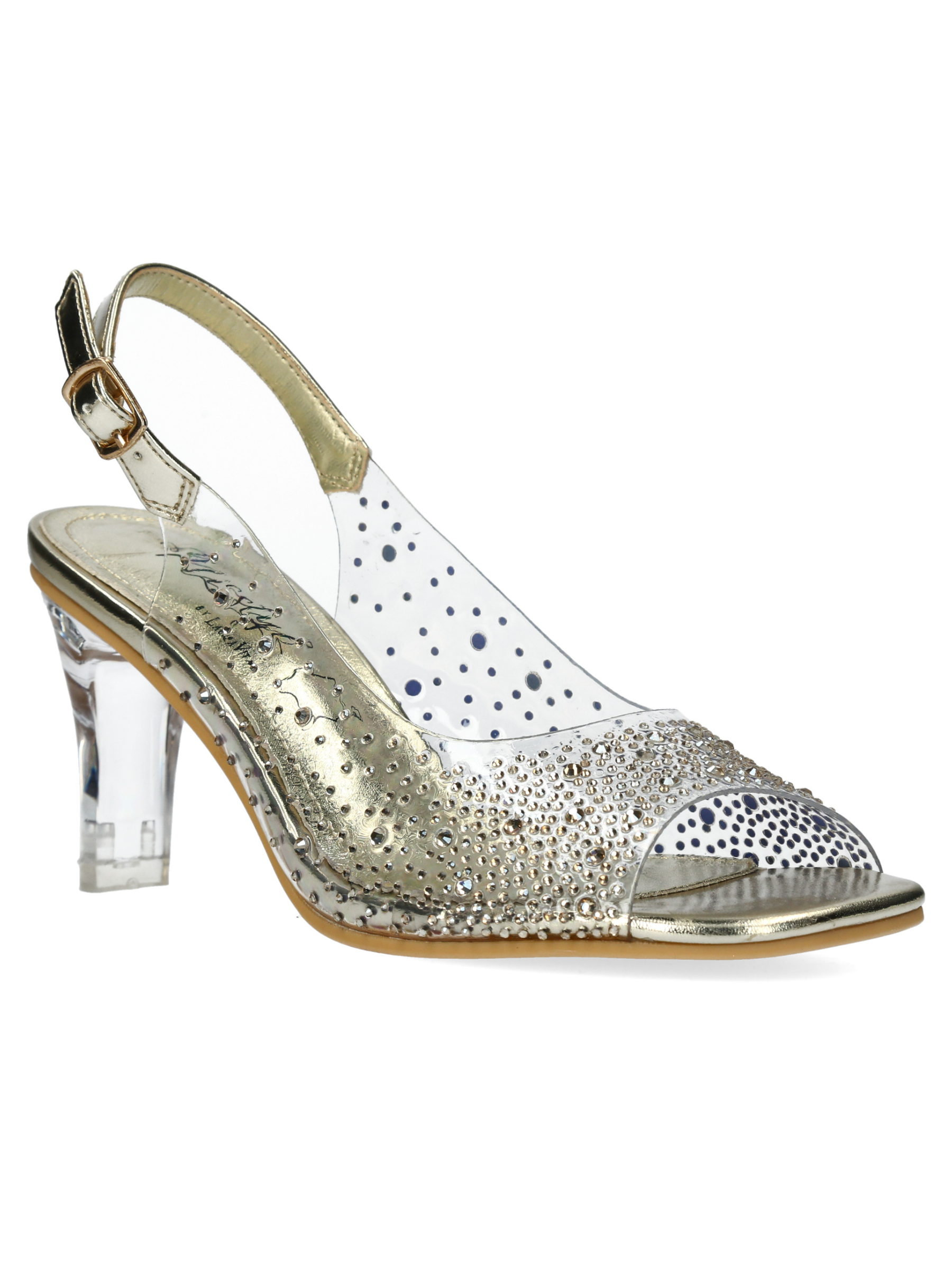 Misstyl Mira 08 Gold Heels with clear upper, crystal stud detailing and sculpted clear heel.