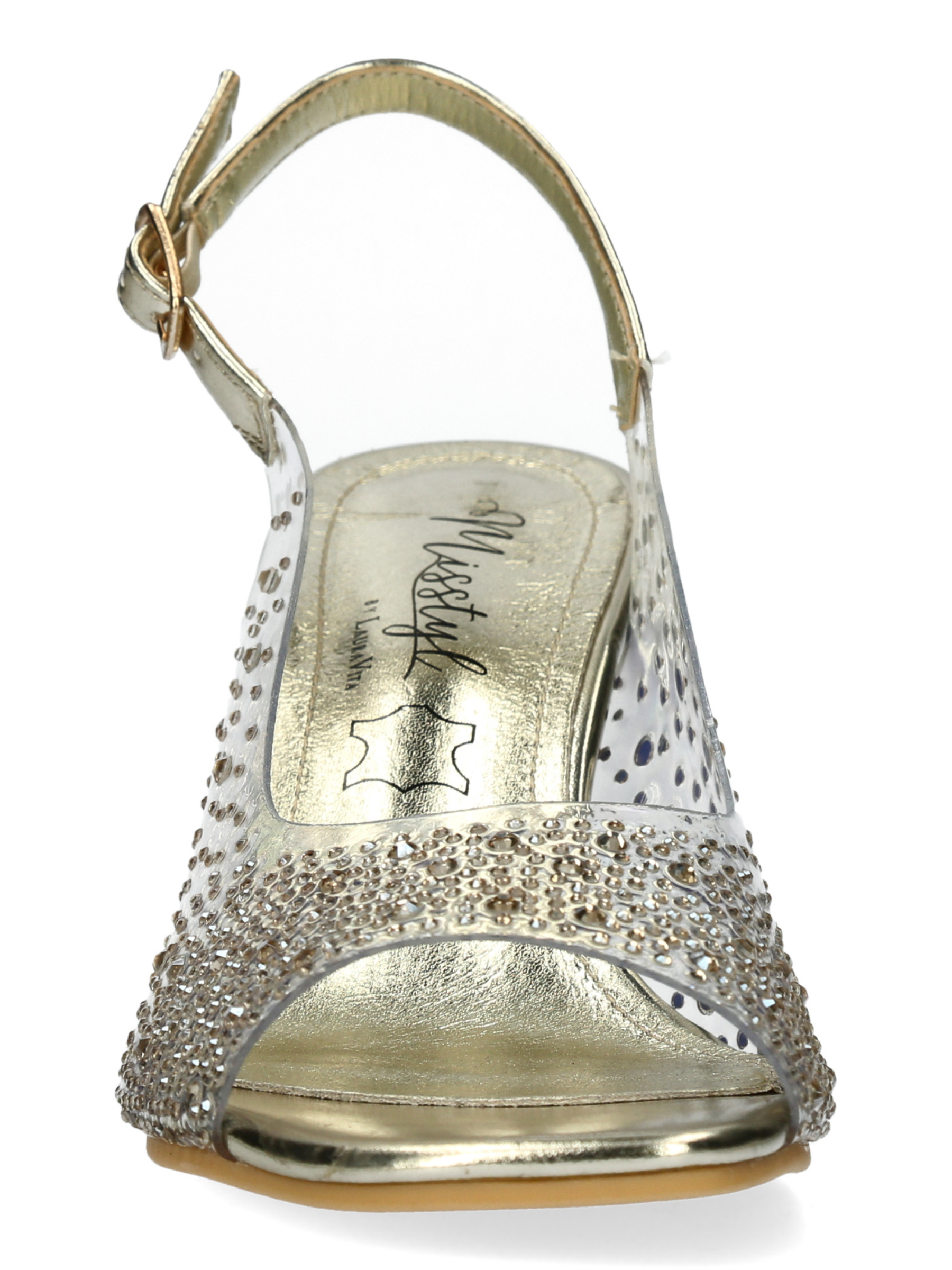 Misstyl Mira 08 Gold Heels with clear upper, crystal stud detailing and sculpted clear heel.