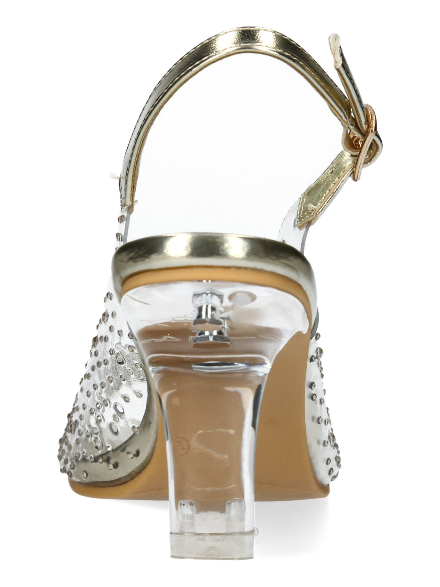 Misstyl Mira 08 Gold Heels with clear upper, crystal stud detailing and sculpted clear heel.