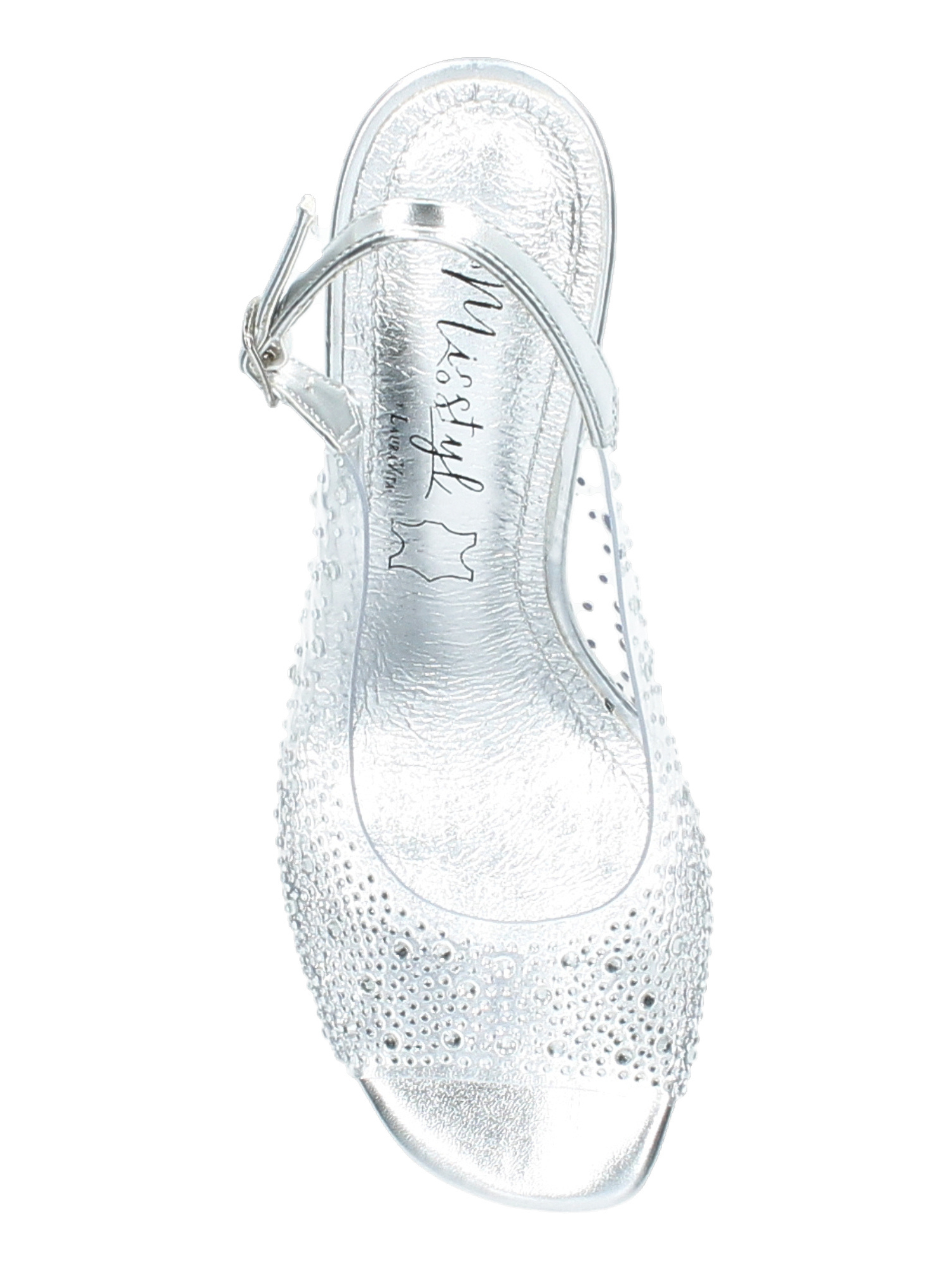 Misstyl Mira 08 Silver Heels with clear upper, crystal stud detailing and sculpted clear heel.
