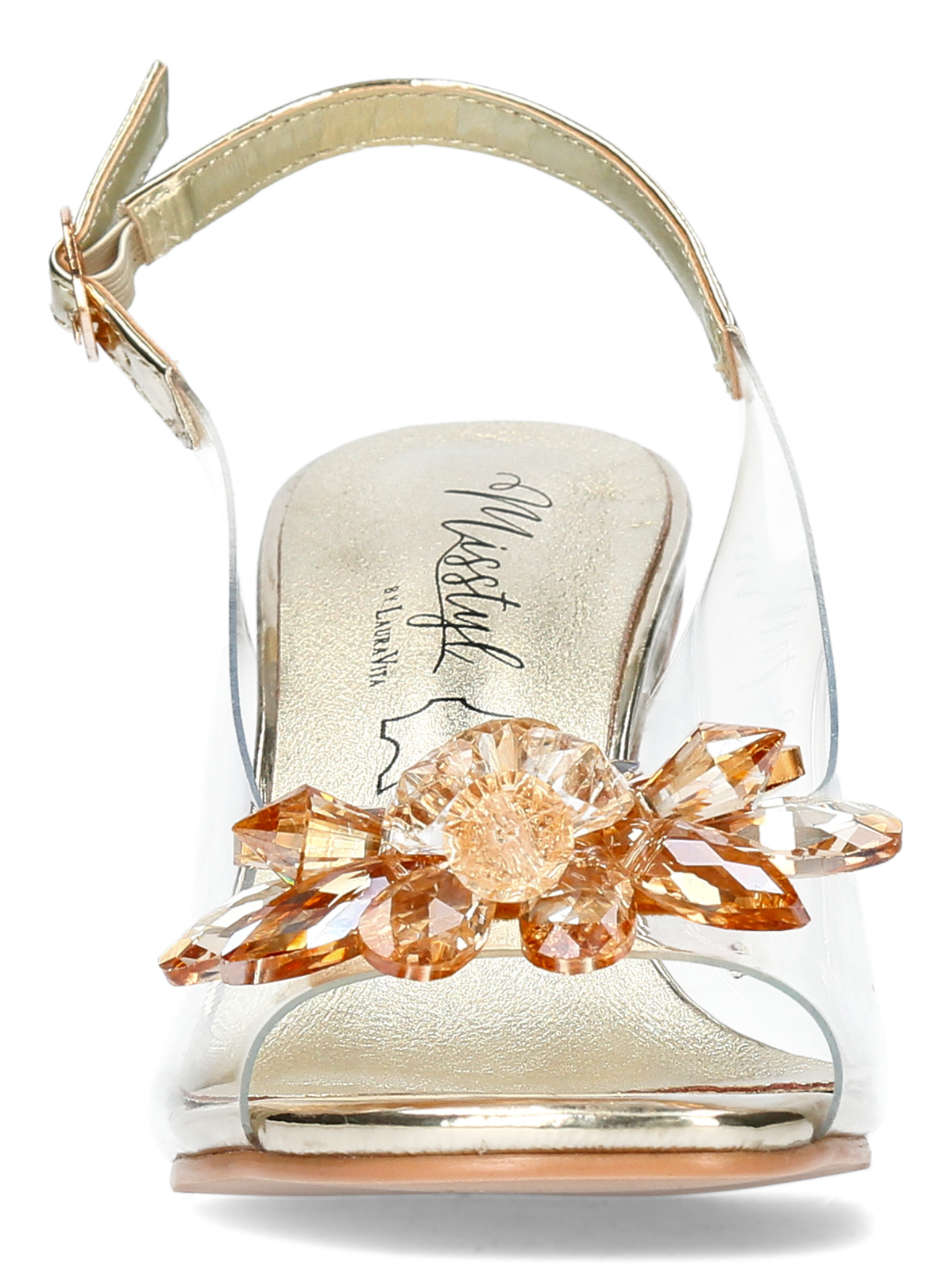 Misstyl Mira Gold Heels with pointed toe, clear upper, crystal embellishment, slingback strap and clear block heel.