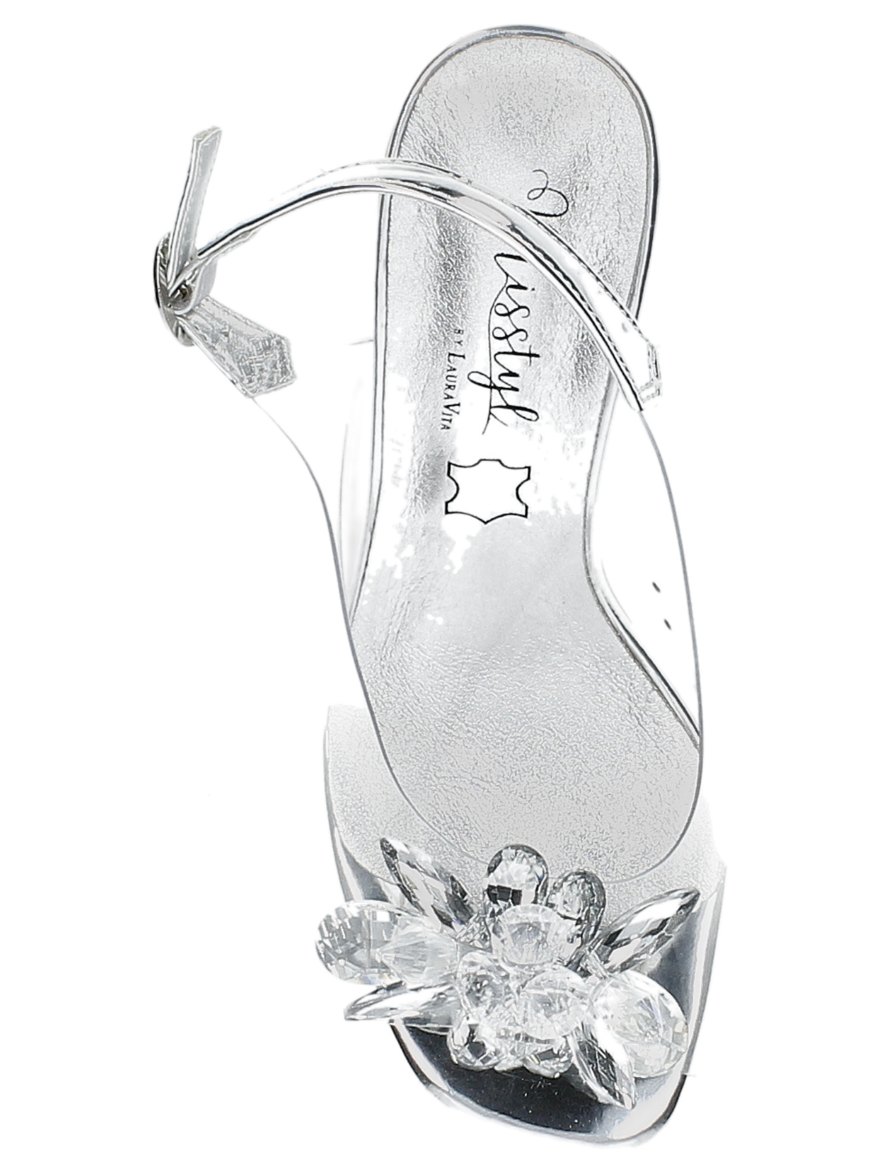Misstyl Mira Silver Heels with pointed toe, clear upper, crystal embellishment, slingback strap and clear block heel.