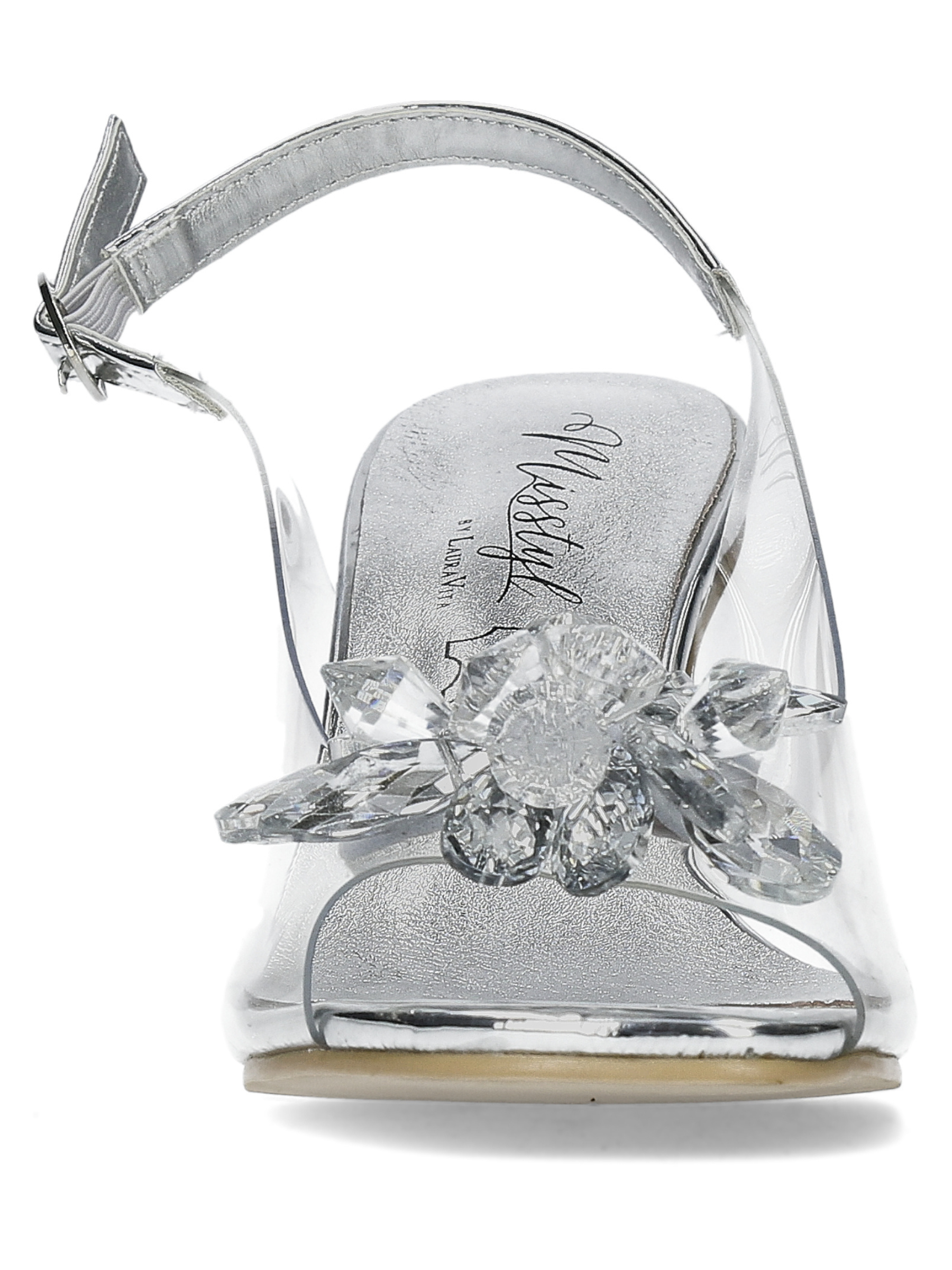 Misstyl Mira Silver Heels with pointed toe, clear upper, crystal embellishment, slingback strap and clear block heel.