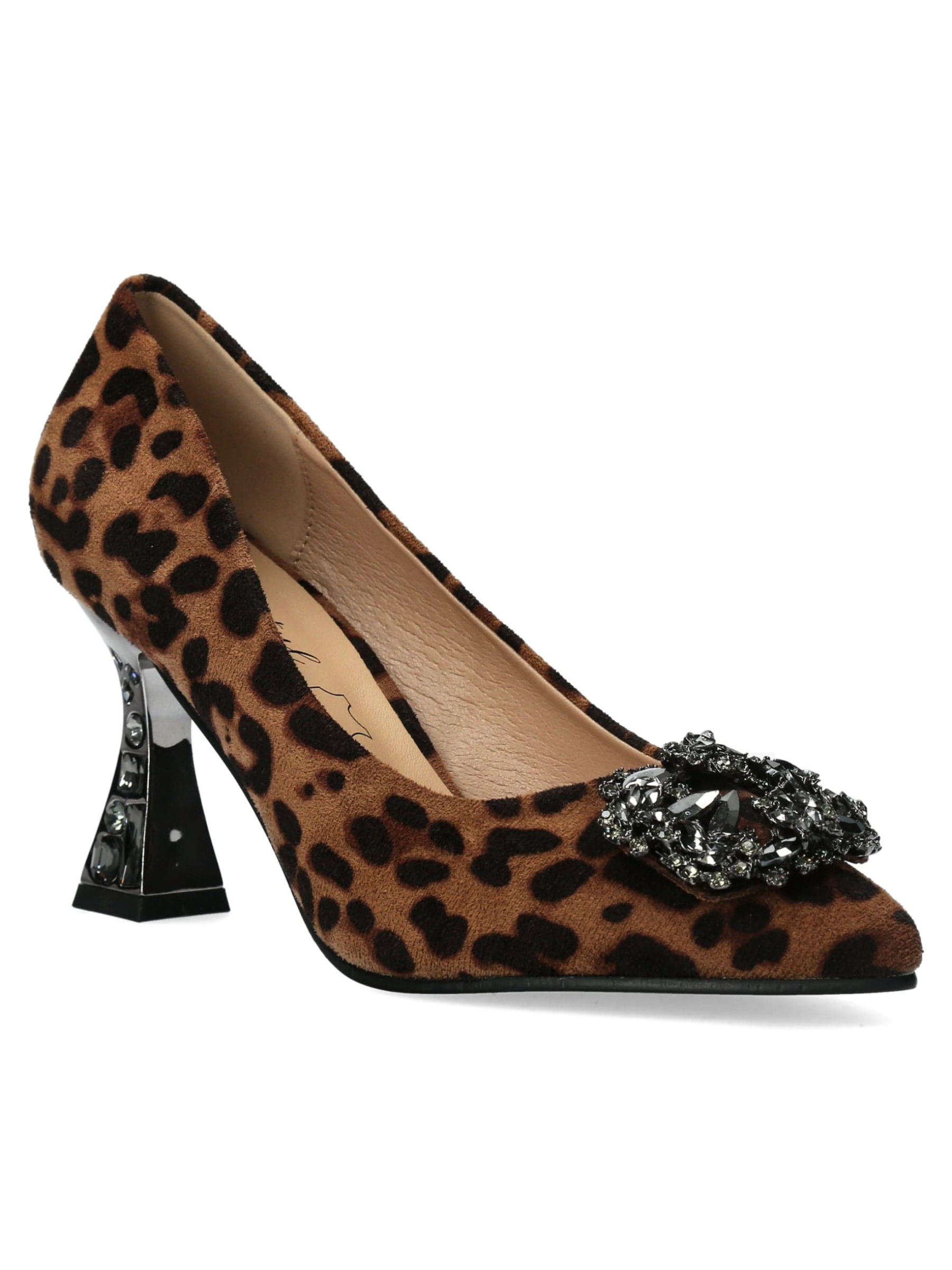 Misstyl Myriano 02 Camel Heel – leopard print stiletto pumps with crystal brooch detail and jewelled 7.5 cm heel, women’s statement evening shoes.
