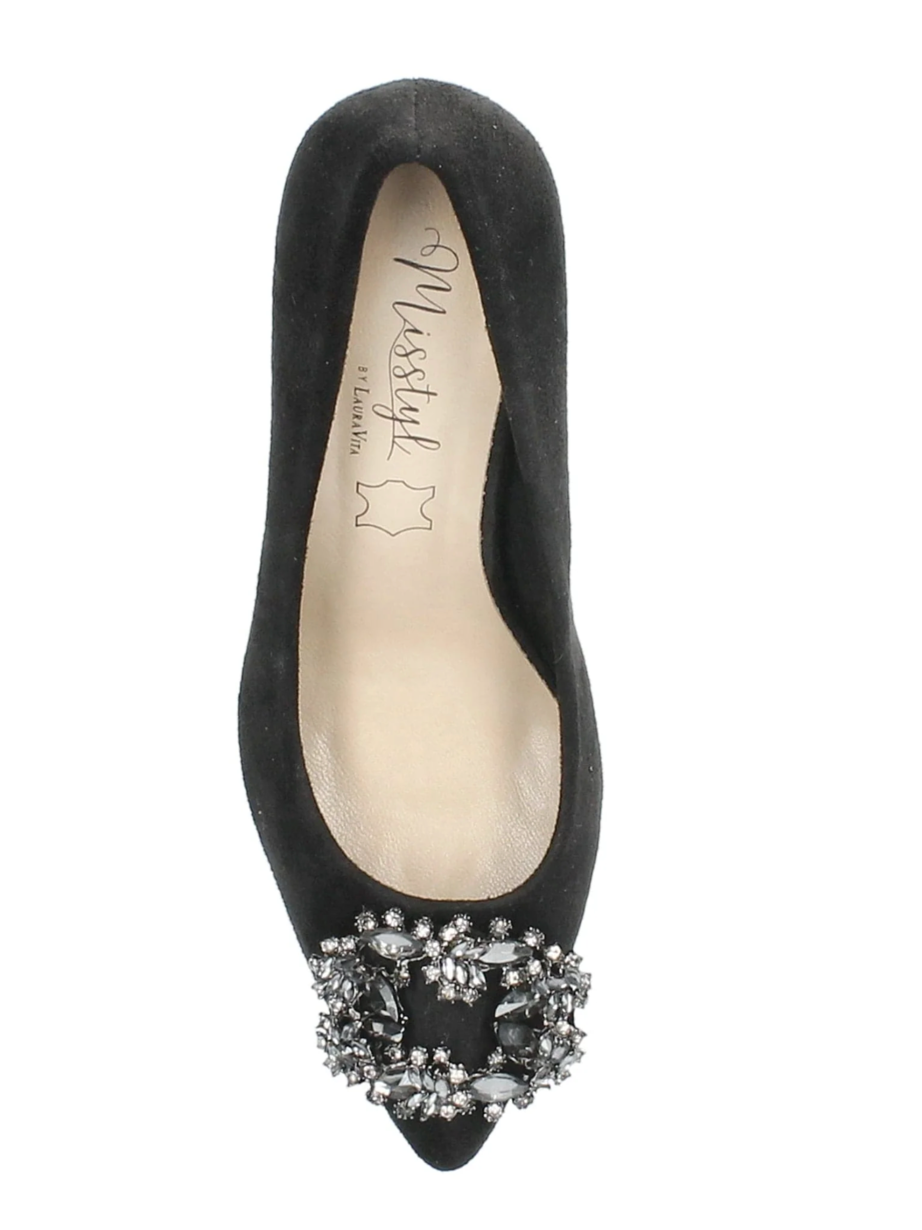 Misstyl Myriano 02 Noir Heel – black pointed-toe stiletto with jewel embellishment, elegant women’s dress heels with 7.5 cm sculpted heel.