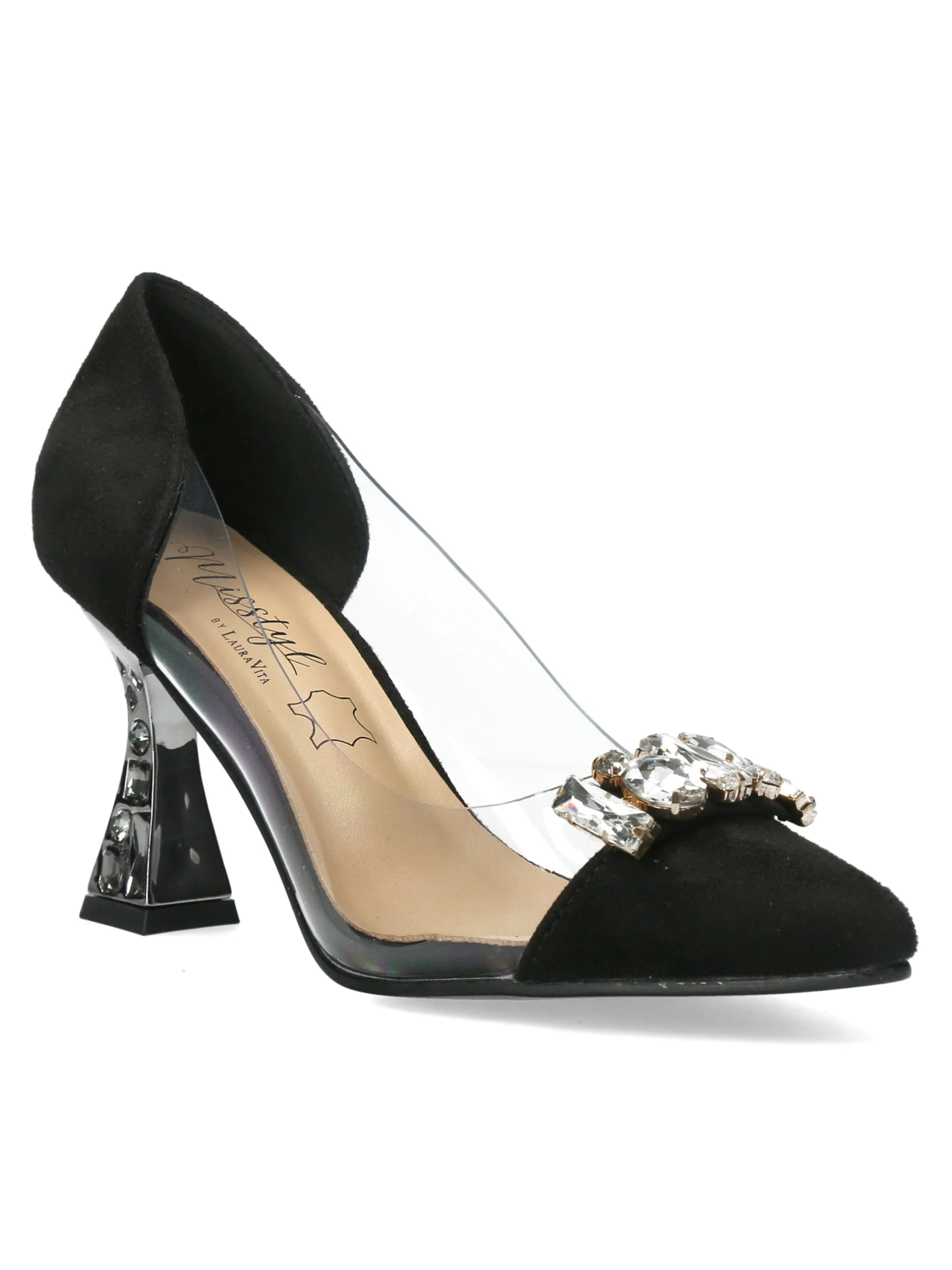 Misstyl Myriano 06 Noir Heel – black stiletto with jewel-embellished pointed toe, clear TPU upper and crystal-detailed heel.
