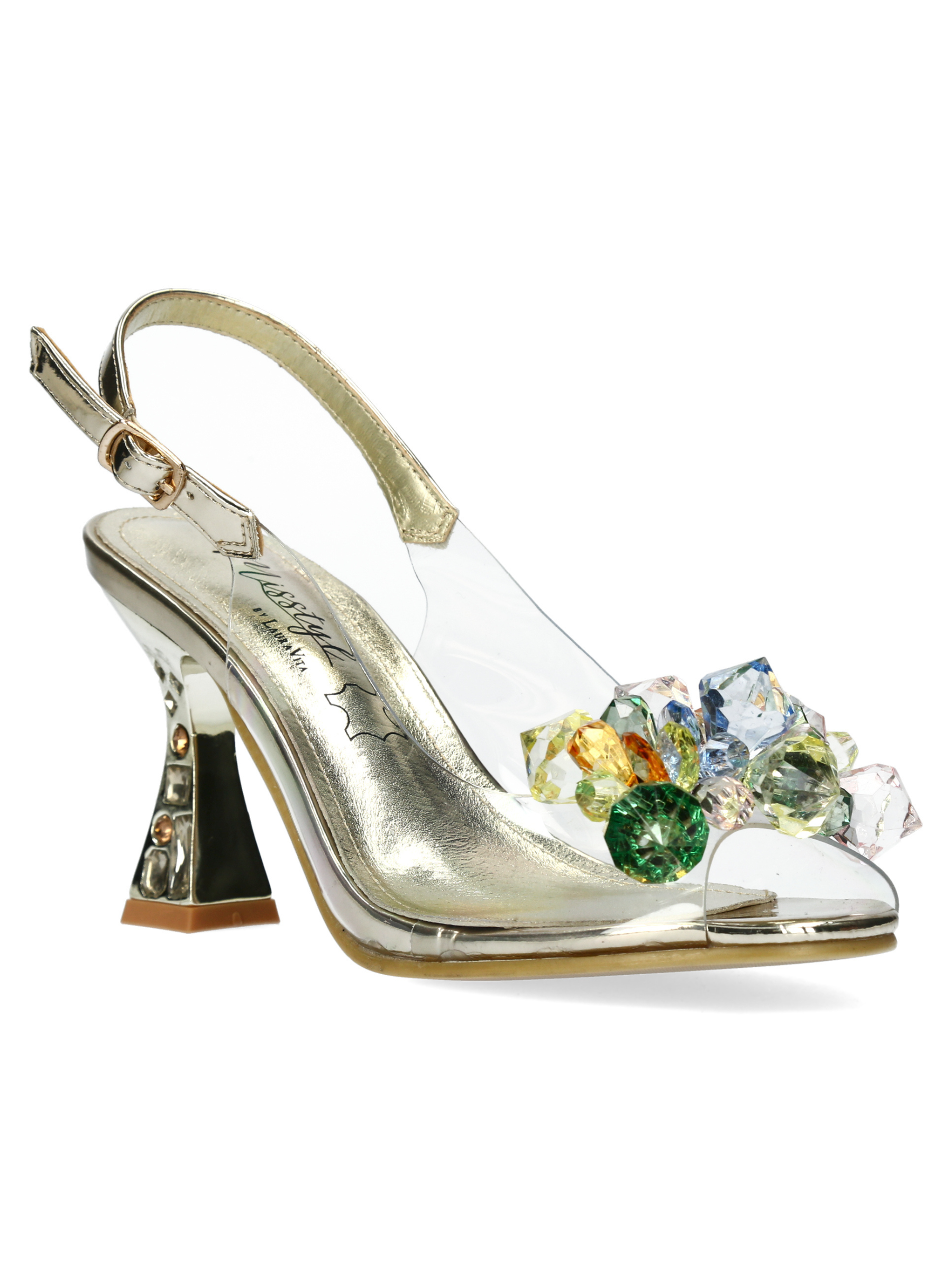 Misstyl Myriano 16 Gold Heels with clear upper, multicoloured gemstone embellishment and sculpted heel.
