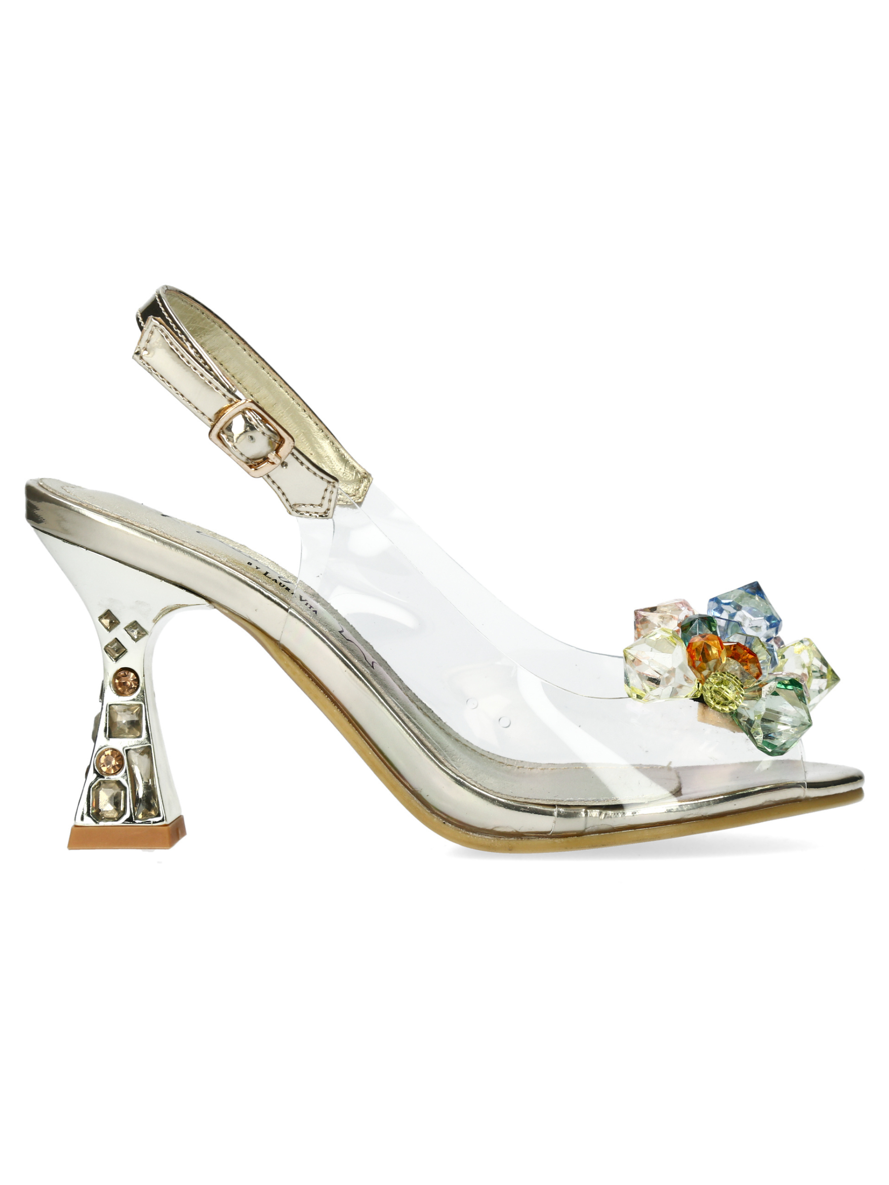 Misstyl Myriano 16 Gold Heels with clear upper, multicoloured gemstone embellishment and sculpted heel.