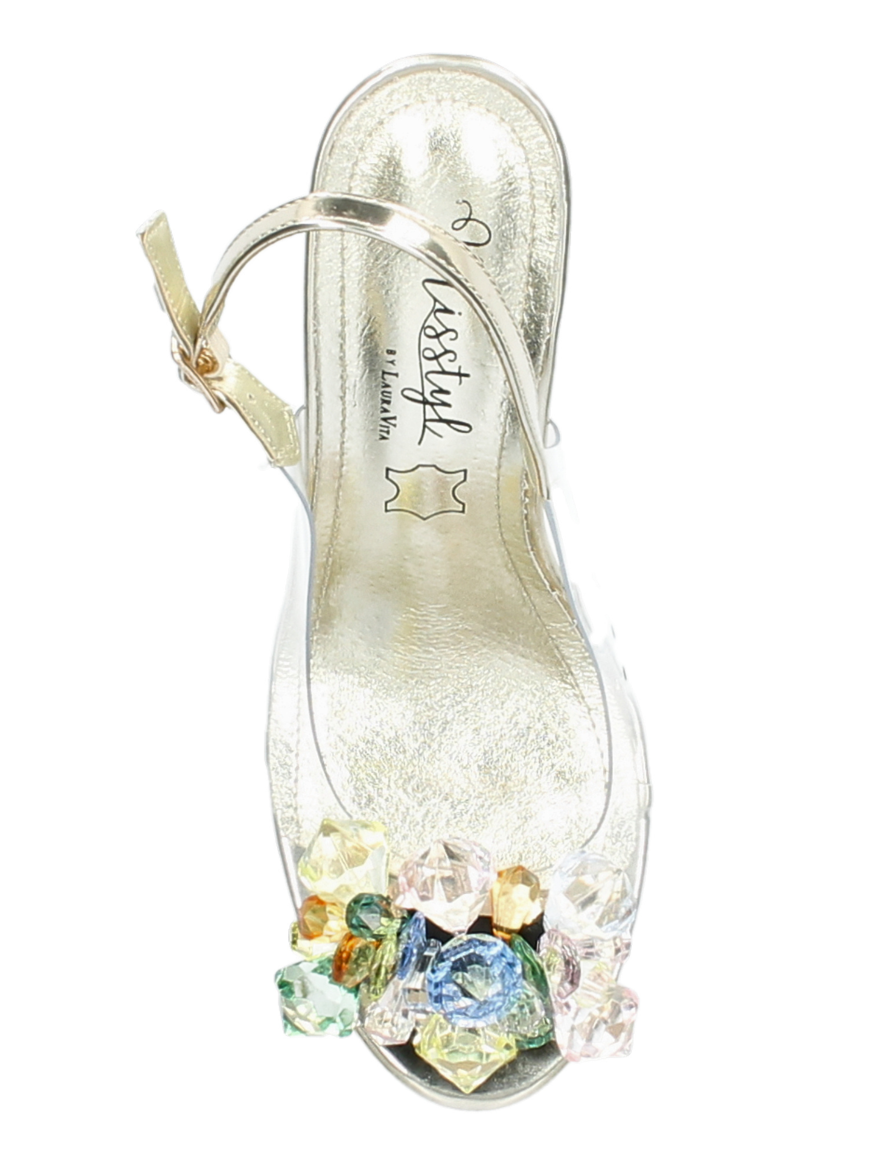Misstyl Myriano 16 Gold Heels with clear upper, multicoloured gemstone embellishment and sculpted heel.