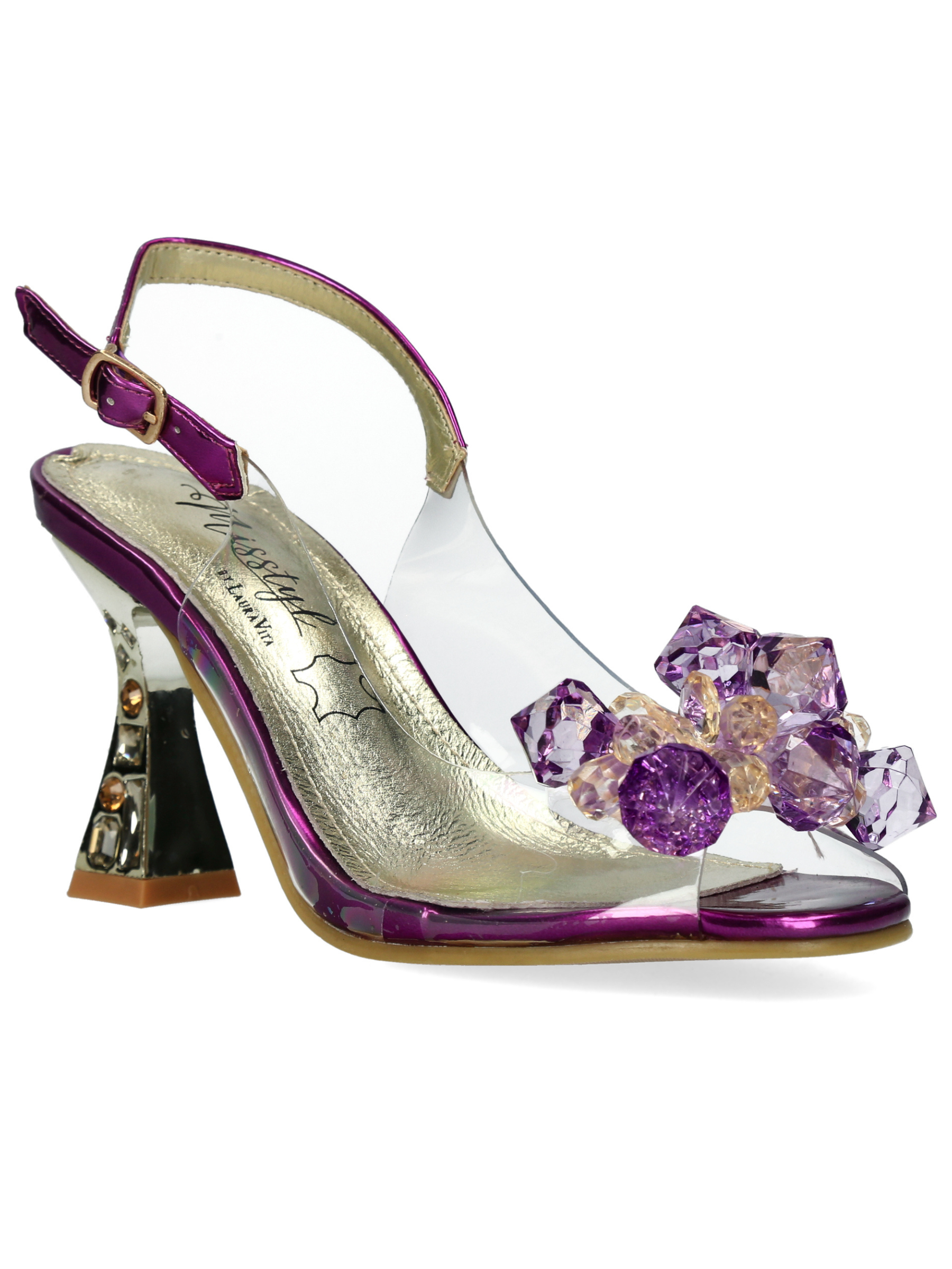 Misstyl Myriano 16 Violet Heels with clear upper, gemstone embellishment and sculpted heel.