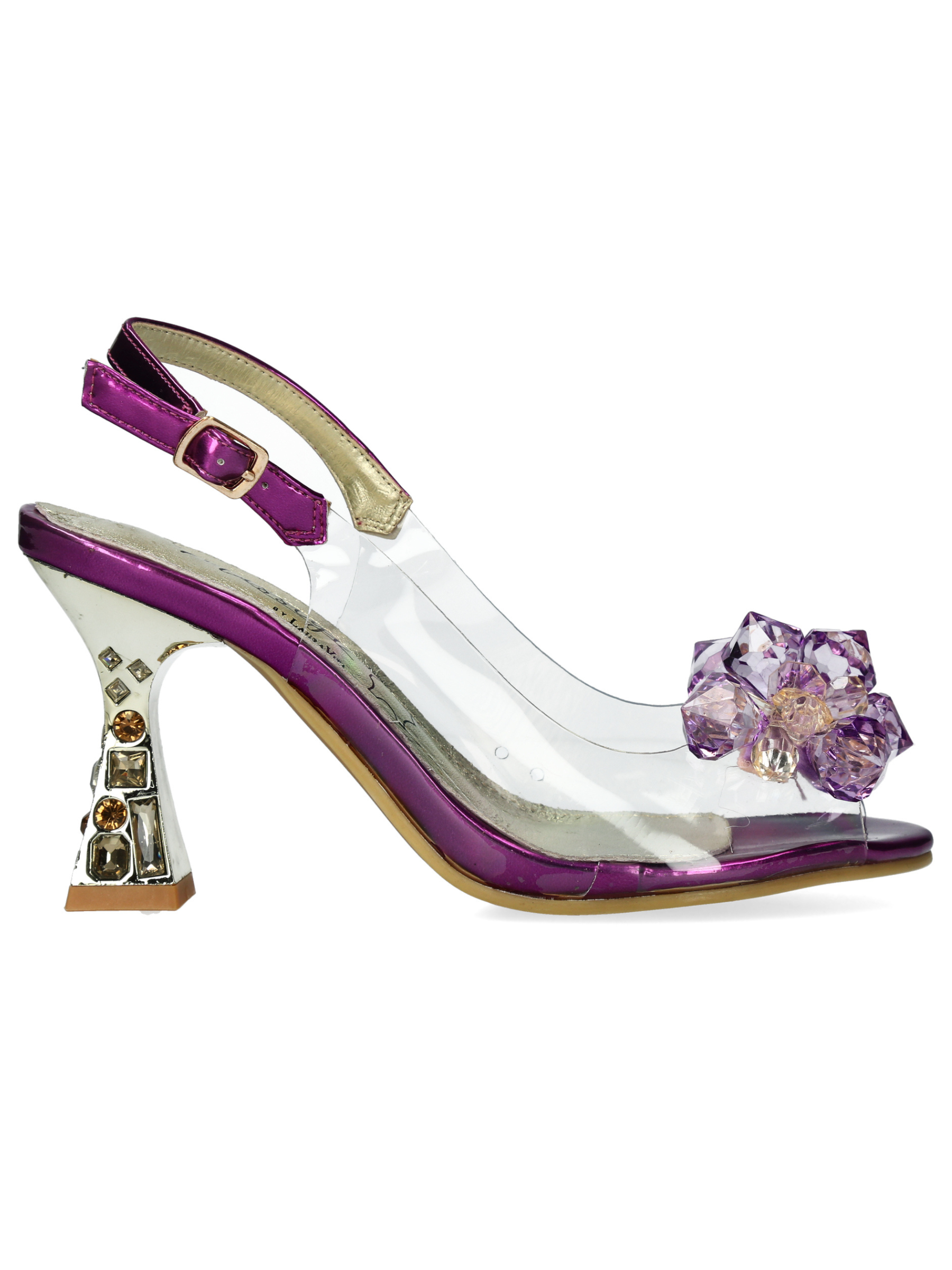 Misstyl Myriano 16 Violet Heels with clear upper, gemstone embellishment and sculpted heel.