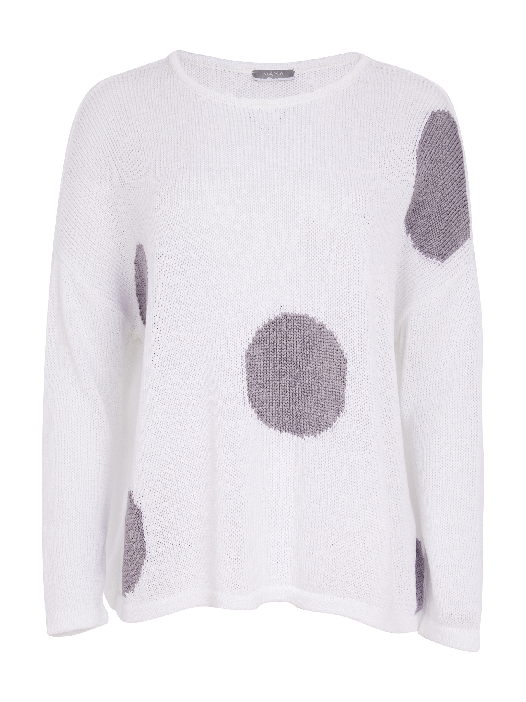 Naya NAS26 142 Soft Print Round Neck Organic Knit featuring lightweight organic cotton knit, round neckline and bold spot print design.