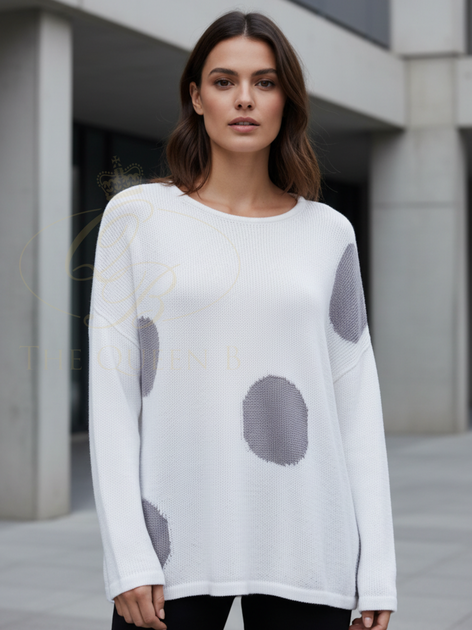 Naya NAS26 142 Soft Print Round Neck Organic Knit featuring lightweight organic cotton knit, round neckline and bold spot print design.