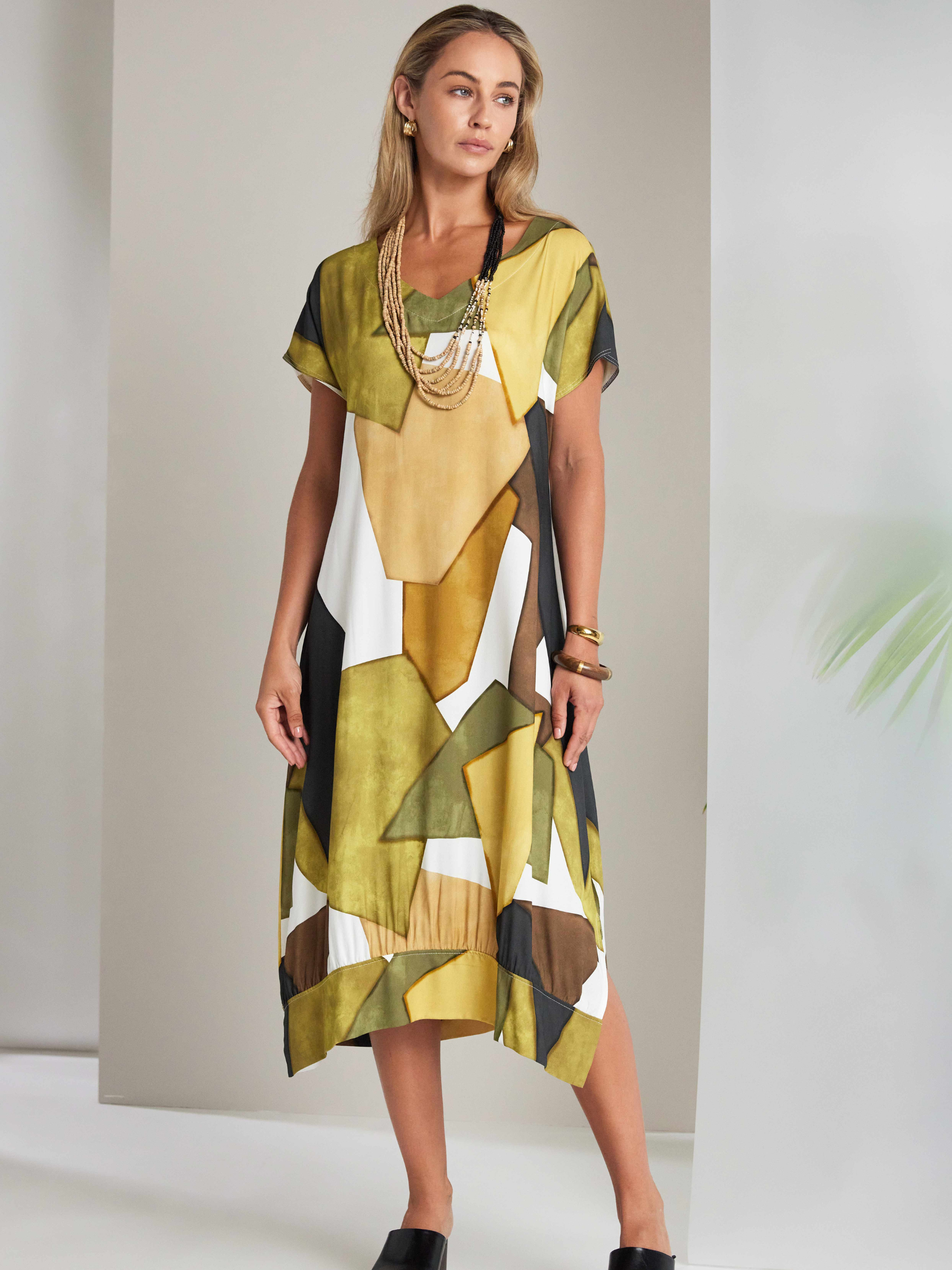 nas green dress Naya NAS26 151 Multi Colour Graphic Print V-Neck Dress